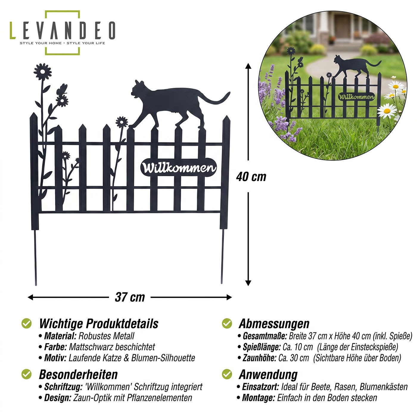 Levandeo® Gartenstecker Gartenstecker Metall Katze 37x40cm Garten Zaun Schwarz Willkommen Gart – Bild 2 von 5