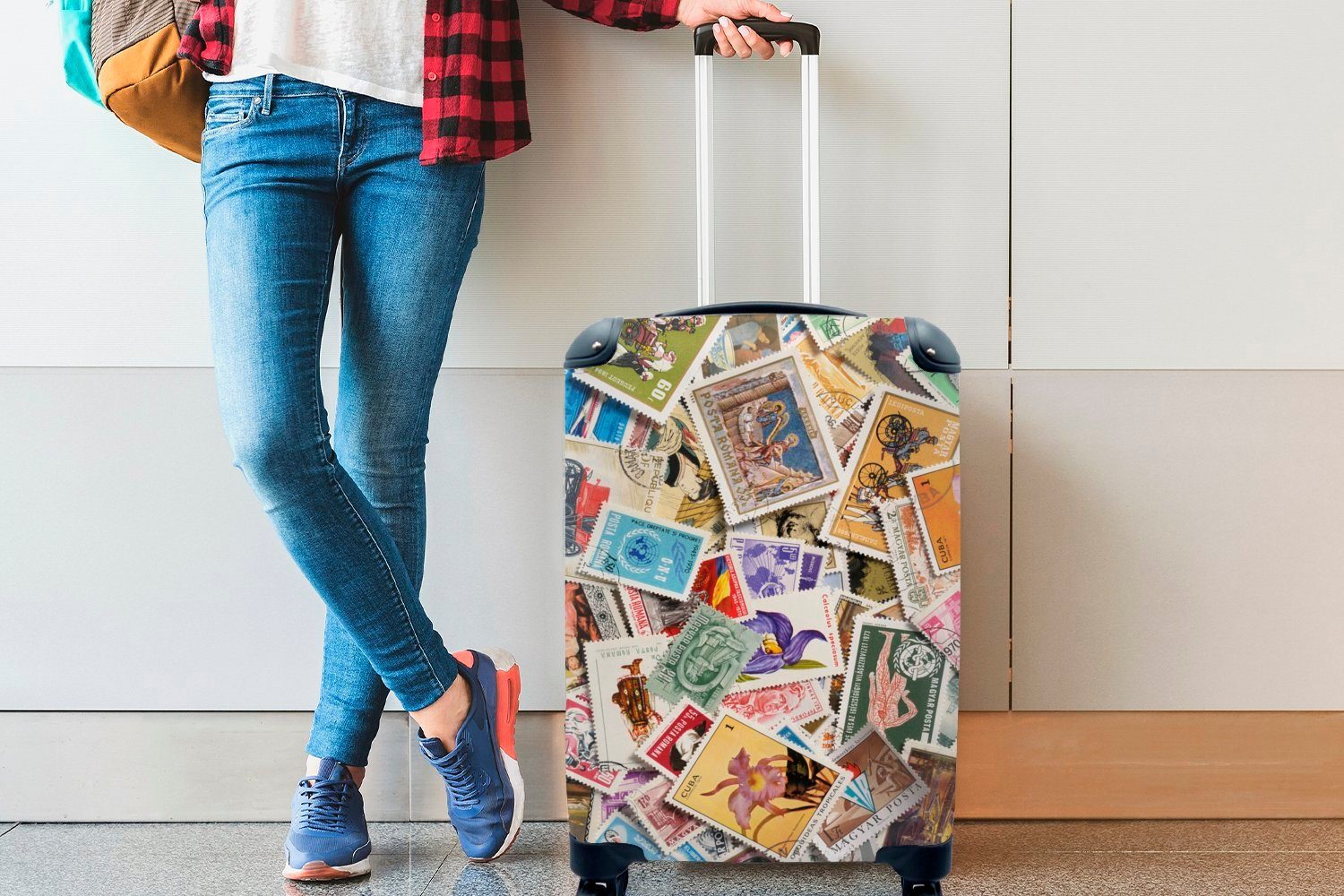 Rollen, Reisekoffer Reisetasche Handgepäck für rollen, Trolley, 4 Stempel-Hintergrund, Ferien, MuchoWow Handgepäckkoffer mit