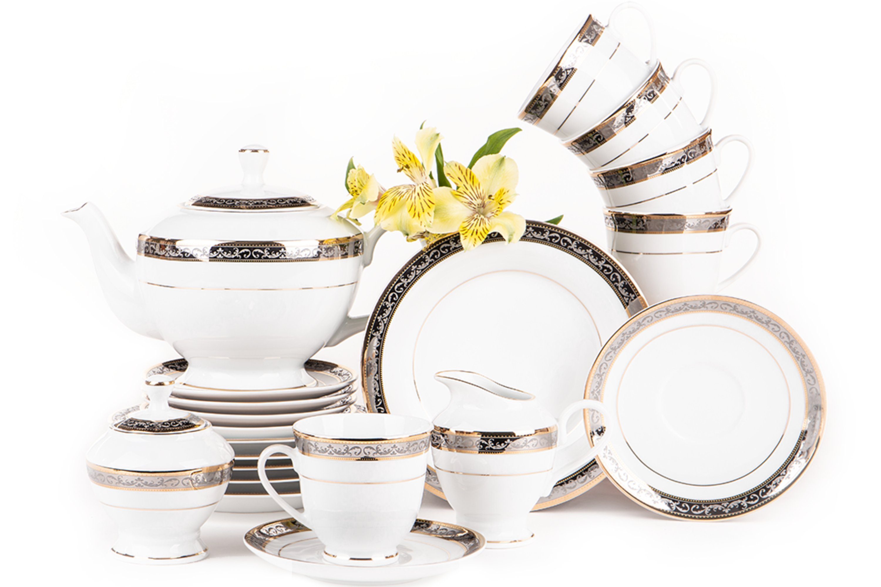 KONSIMO® Kaffeeservice CONTE Tasse Untertasse Dessertteller Kaffeekanne Teeservice (21-tlg), 6 Personen, Porzellan, rund, Spülmaschinengeeignet, Klassisch-Stil