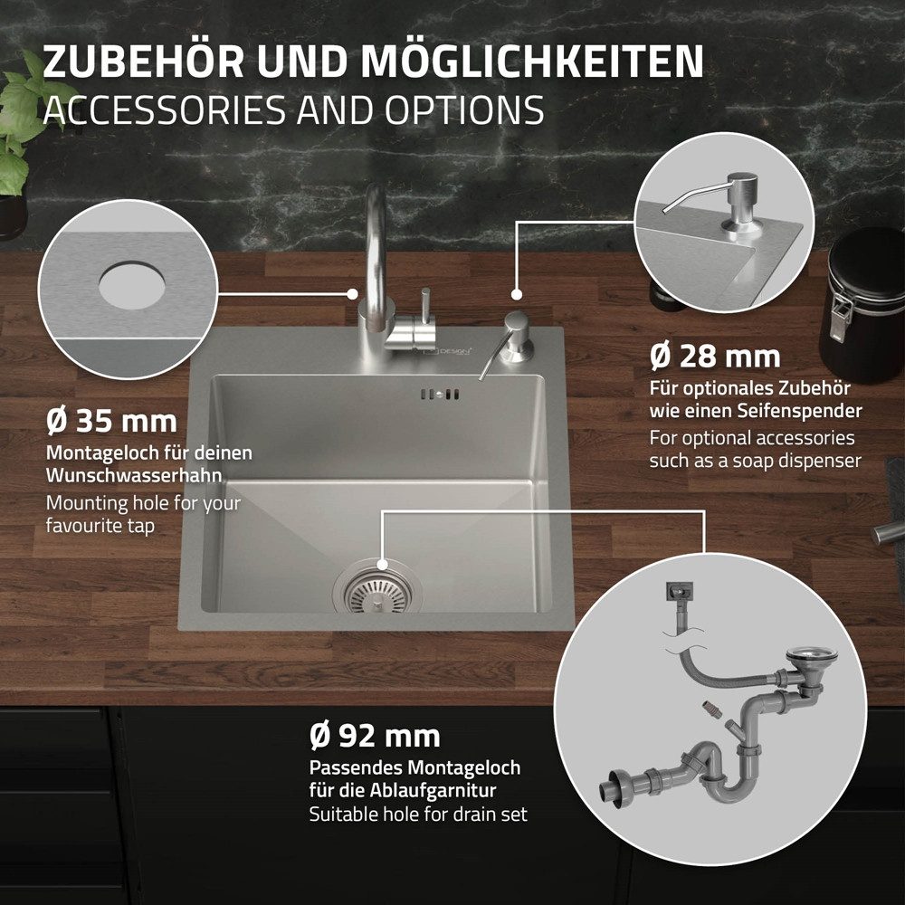 ML-DESIGN Küchenspüle Spülbecken aus Edelstahl, mit Ab- und Überlaufgarnitur & Siphon, 45/45 cm, Silber Einzelbecken Waschbecken Küche Spüle Edelstahlspüle – Bild 4 von 5