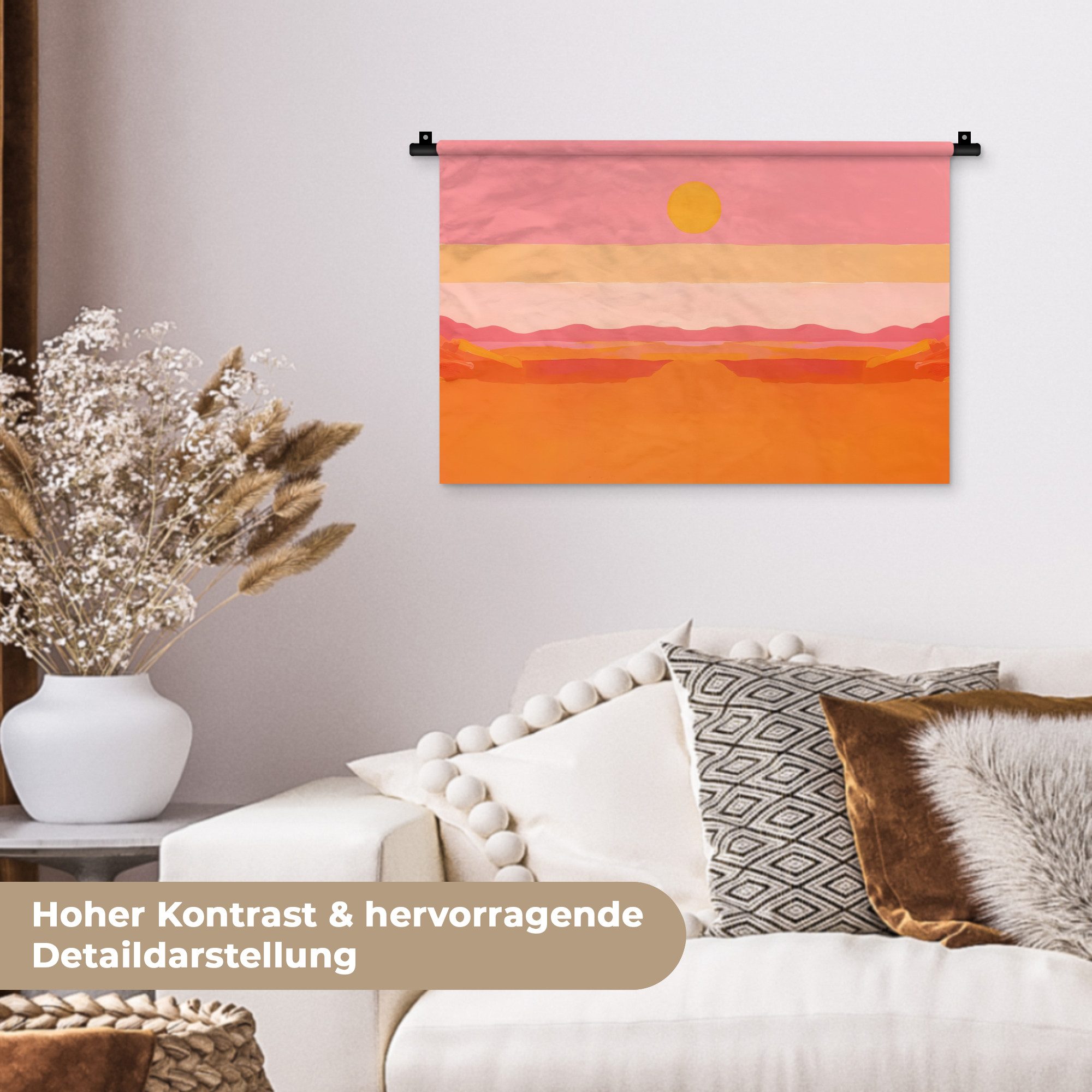 MuchoWow Wandteppich Sonne - Abstrakt - Landschaft - Orange, Rechteckig, Höhe: 3 mm, Wandteppich für Wohnzimmer, Schlafzimmer, 60x40 cm