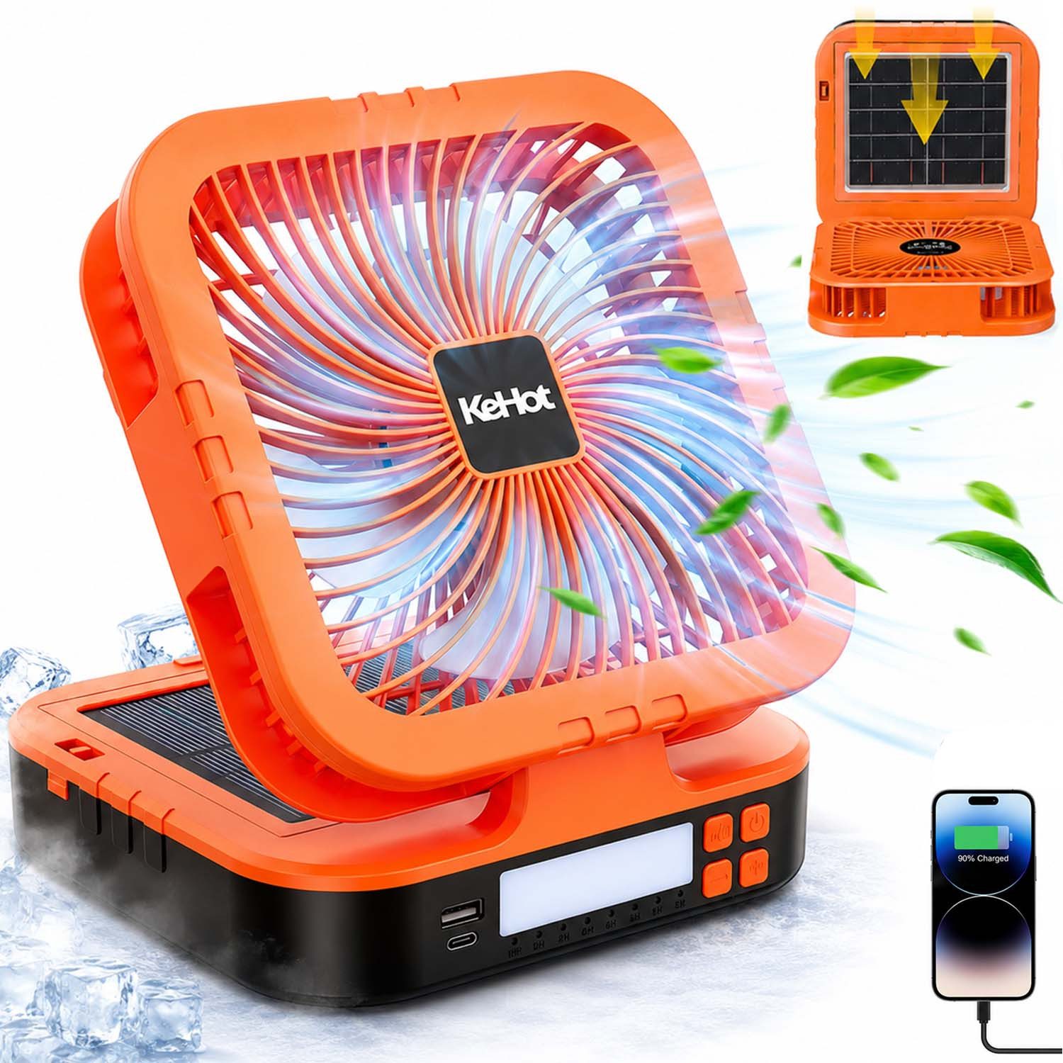 WILGOON Standventilator Solar Campingventilator mit LED-Licht,45°/90° Oszillation, USB-C aufladbar mit Timer, Powerbank, 4 Windstufen