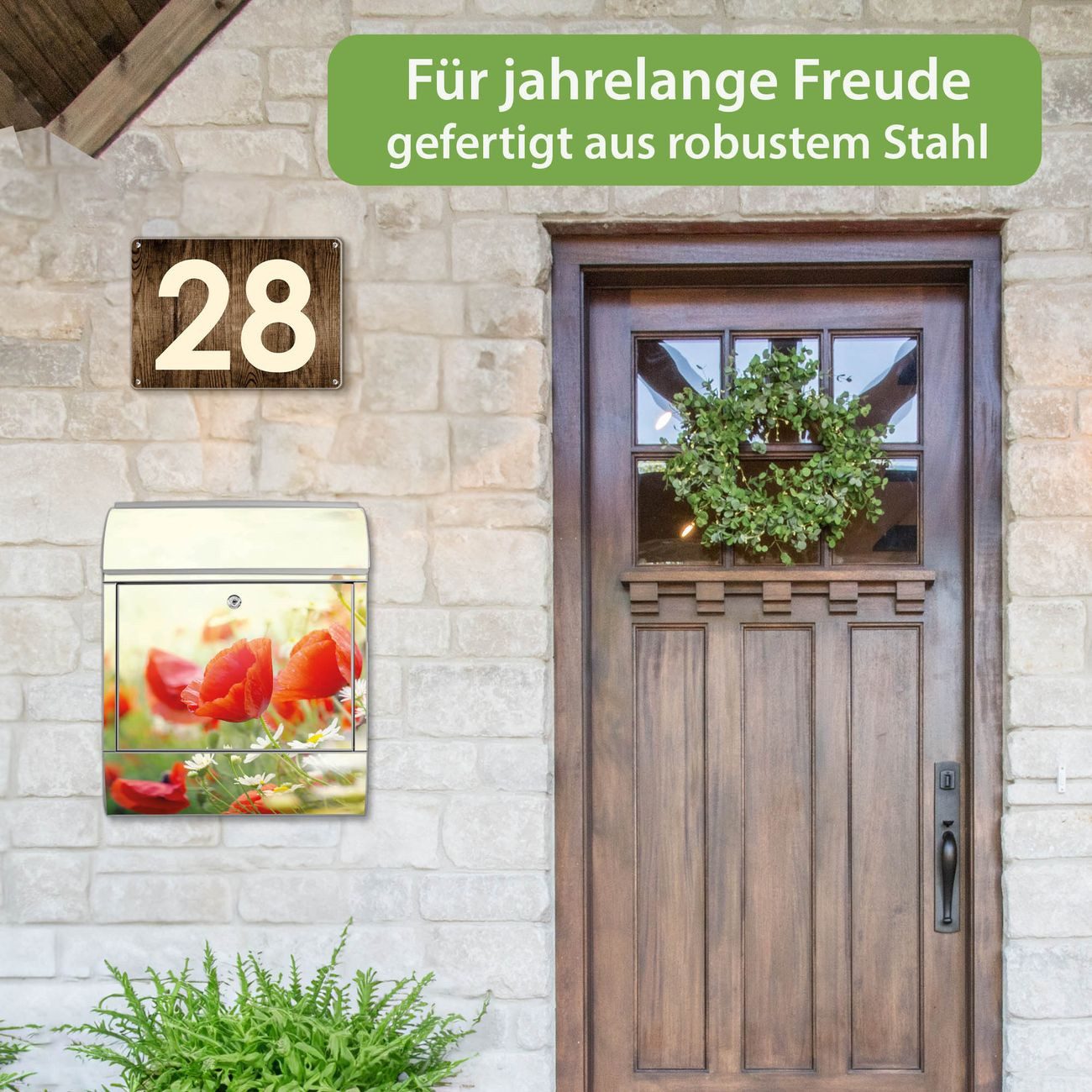 banjado Wandbriefkasten Silber Stahl mit Motiv Kamille Und Mohn (Wandbriefkasten witterungsbeständig, pulverbeschichtet, mit Zeitungsfach), 47 x 39 x 14 cm