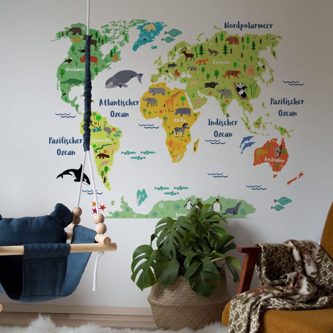 K&L Wall Art Wandtattoo Klebebilder Tierwelt große Weltkarte Kinderzimmer 160x120cm, Wandbild selbstklebend, entfernbar