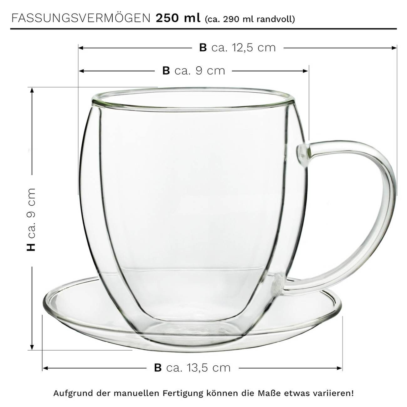 Creano Teeglas Thermotasse bauchig mit Untersetzer 250ml; 4er Set, 8-tlg., Borosilikatglas, Mit Untertasse und Henkel