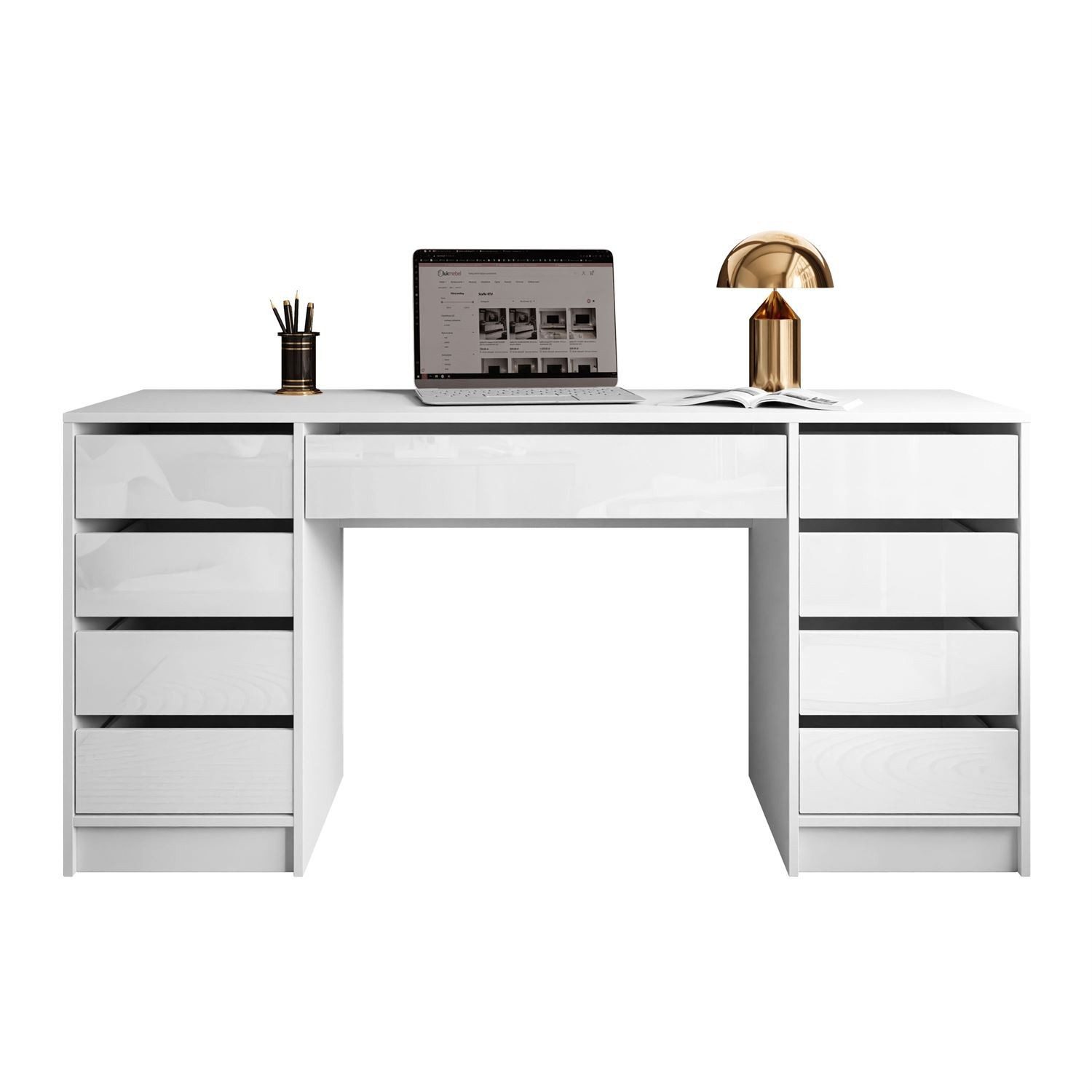 ALLHOUSE24 Schreibtisch MAYA DOUBLE mit 9 Schubladen Hochglanz Fronten weiß oder kaschmir (1x Schreibtisch), Breite 152 cm