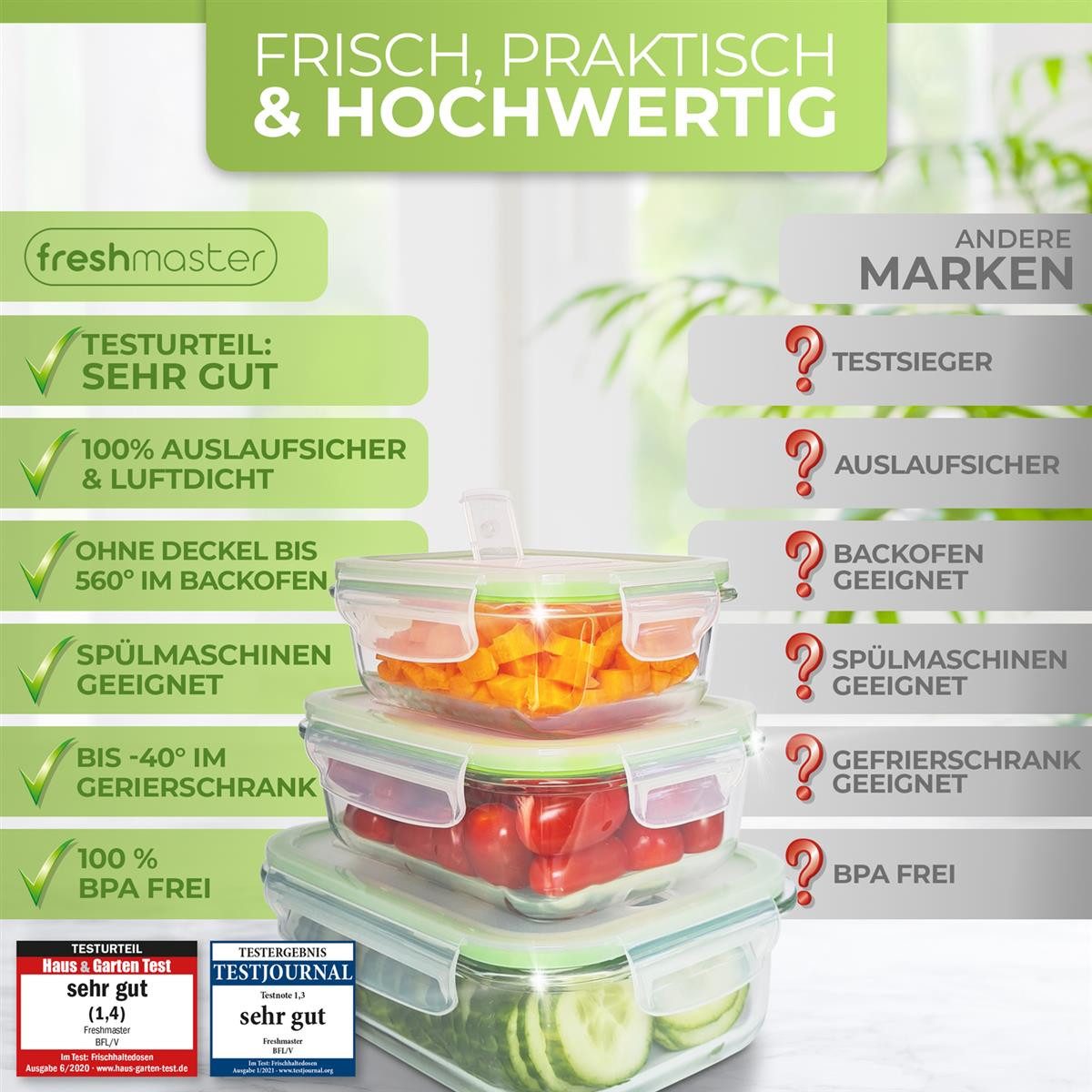 Fresh Master Frischhaltedose 12-tlg. Glas Vorratsdosen Set Frischhaltedosen auslaufsicher luftdicht, Borosililatglas, (Spar-Set)
