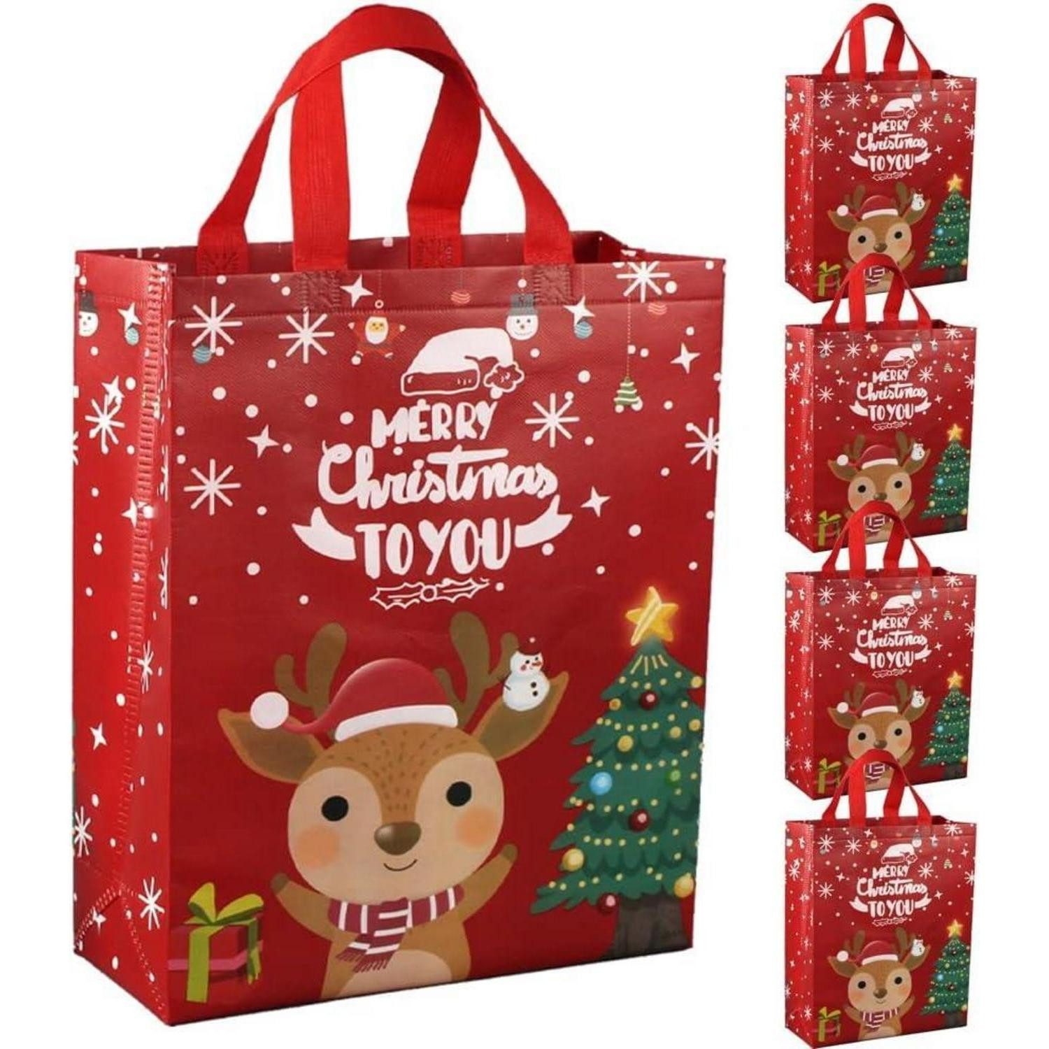 LuxusKollektion Geschenkpapier Weihnachtstragetaschen Geschenktüten Vliesstoff 5er Set rot