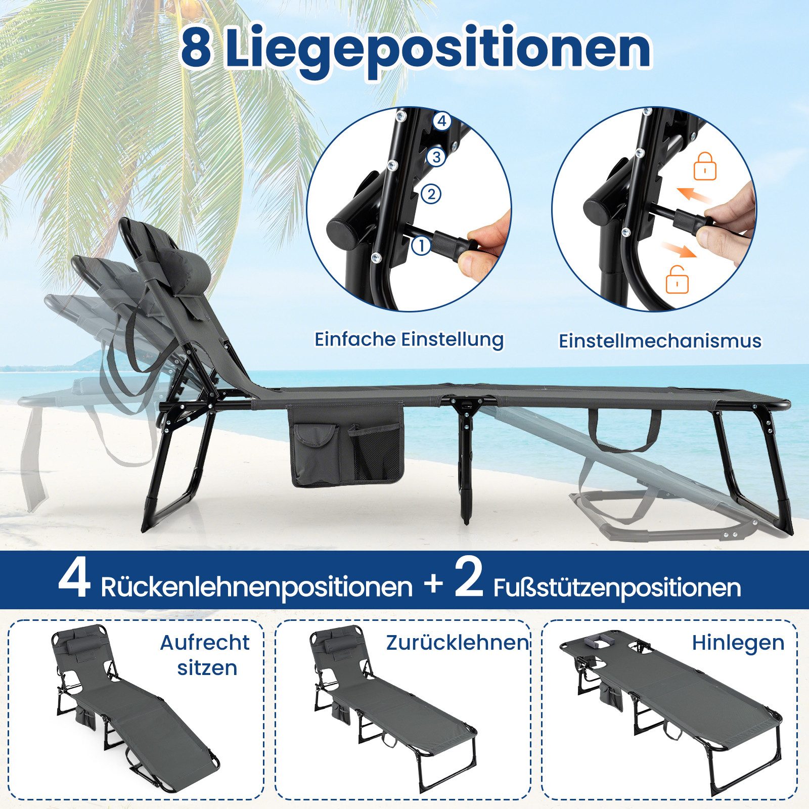 COSTWAY Gartenliege, klappbare Sonnenliege mit Loch für Kopf und Arme