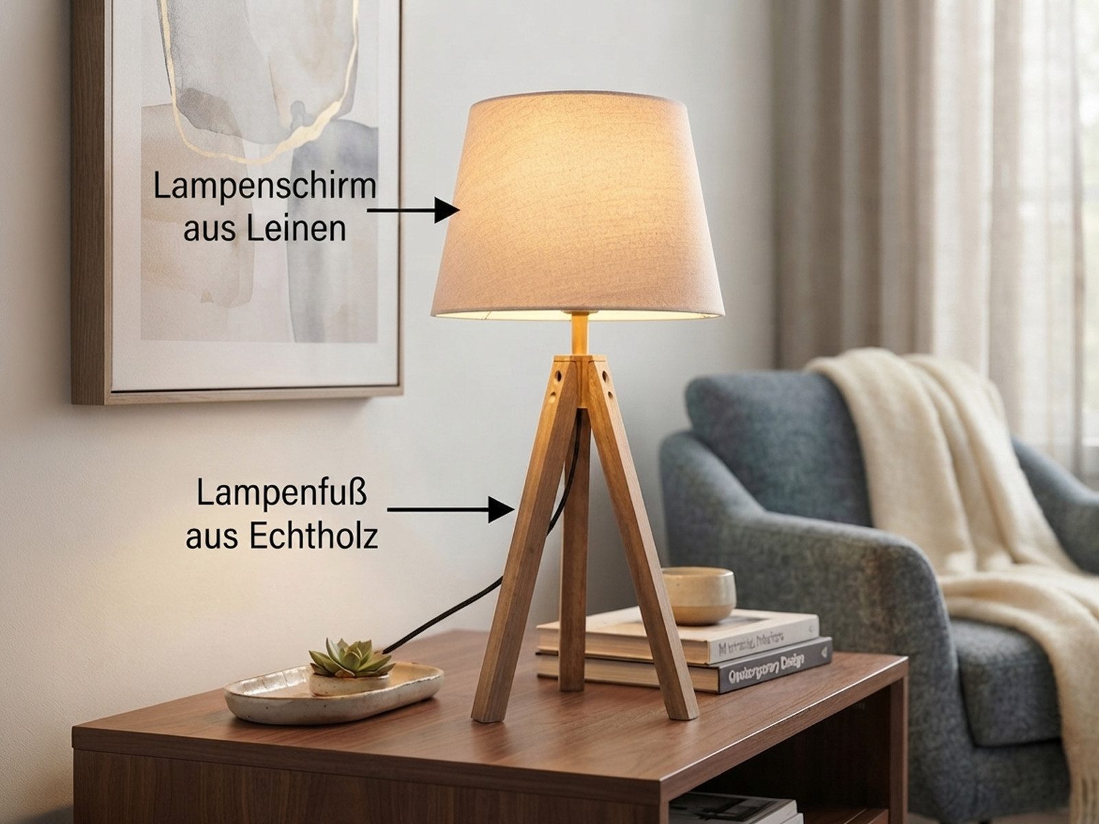meineWunschleuchte Tischleuchte mit Holz & Leinen Lampenschirm Höhe 55cm, ohne Leuchtmittel, große Tischlampe skandinavisch, Beistelllampe mit E27 Stoffschirm – Bild 4 von 5
