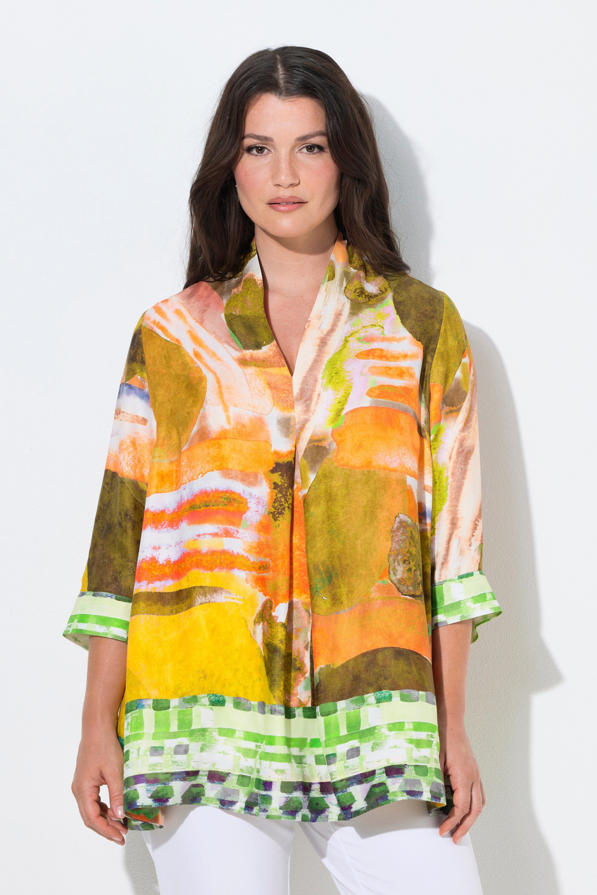 Ulla Popken Longbluse Satinbluse Bordüren A-Linie Kelchkragen 3/4-Arm