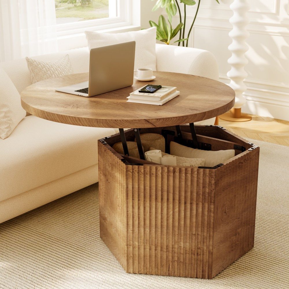 FABATO Couchtisch rund Ø 80 cm mit Liftfunktion, höhenverstellbar 50–61 cm (1-St), versteckter Stauraum und Trommelsockel in 3D-Rillenoptik, Natur