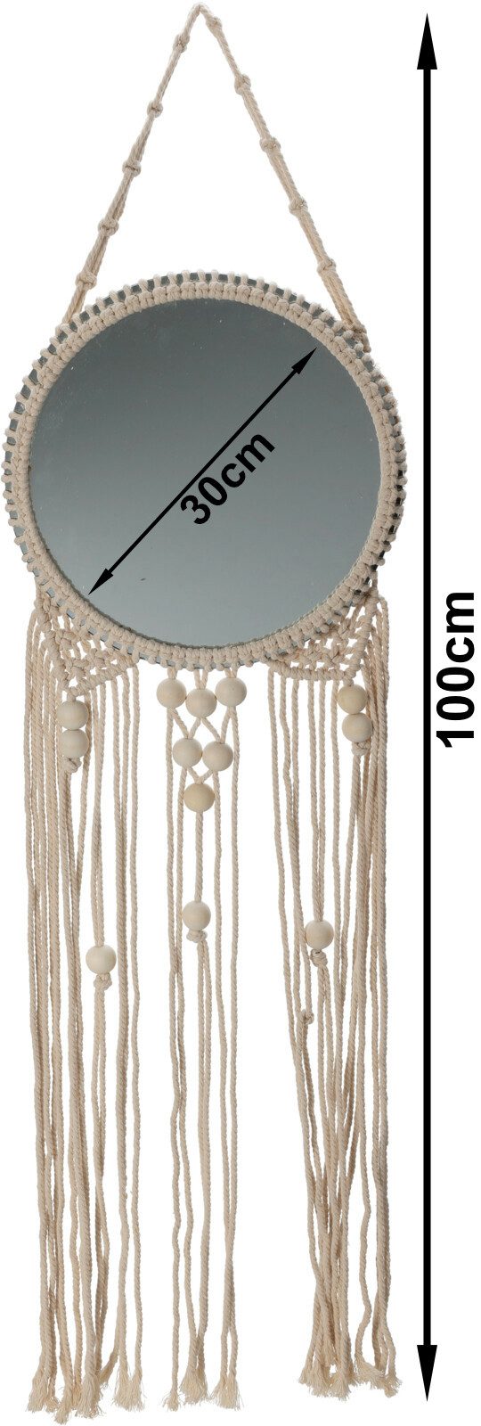 Koopman Dekospiegel Macrame 100 cm Ø 30cm Spiegel (Stück, 1-St., Packung), Dekorativ, 100cm länge, Ø 30cm Spiegel, Makramee, Hängedekoration