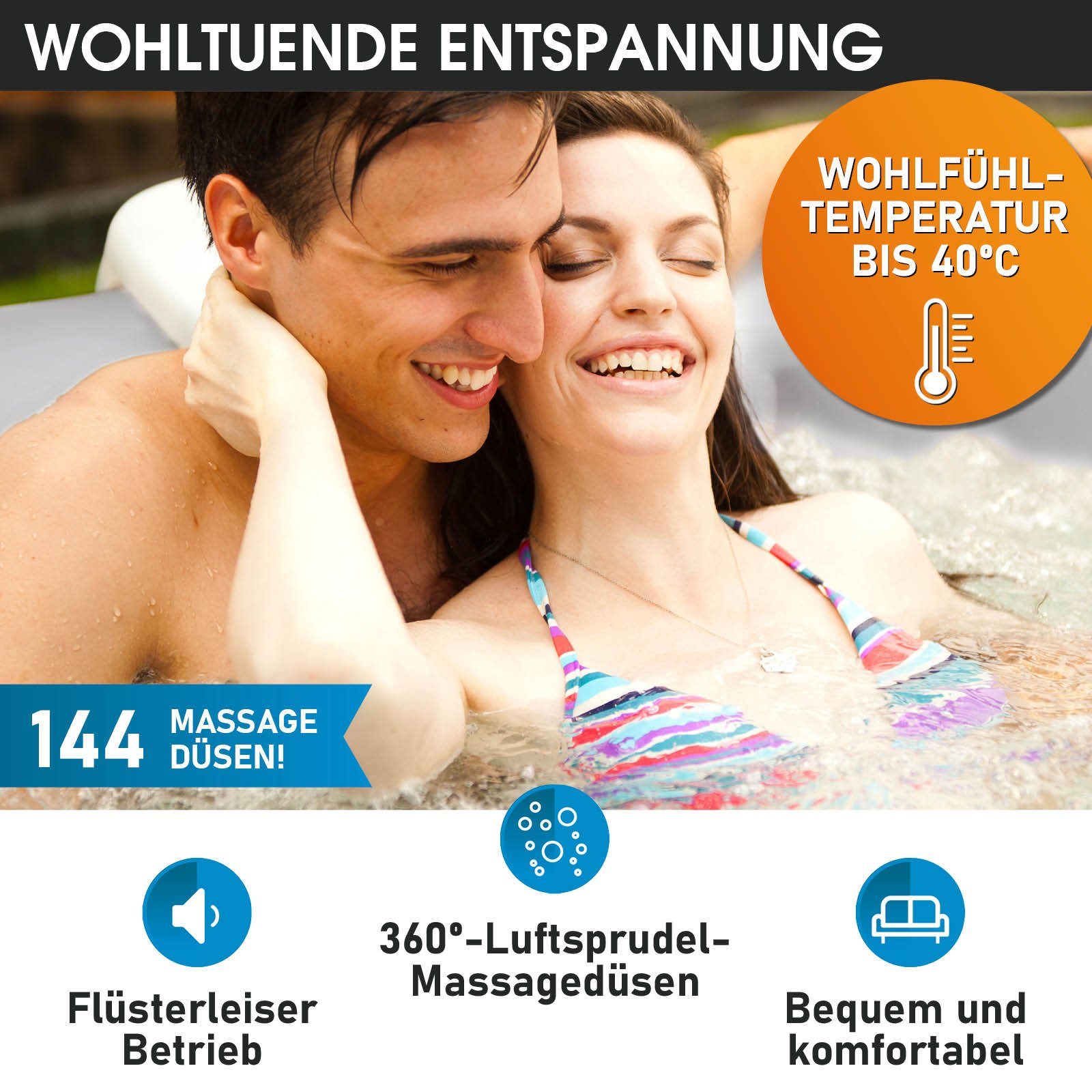 BRAST Whirlpool aufblasbar MSpa Bergen für 4-8 Personen, viele Größen Ø180-224cm, aufblasbares Aufstellbecken, (In- Outdoor Pool, Ganzjähriger Einsatz, 144 Massagedüsen), Stromsparend inkl. Energiespar-Timer