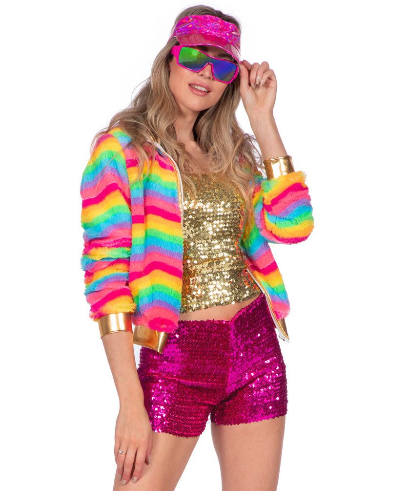 Karneval-Klamotten Kostüm 70er Jahre Disco Jacke Regenbogen Damenkostüm, Pluschjacke in Regenbogen Farben Frauenkostüm Party Karneval Fasching