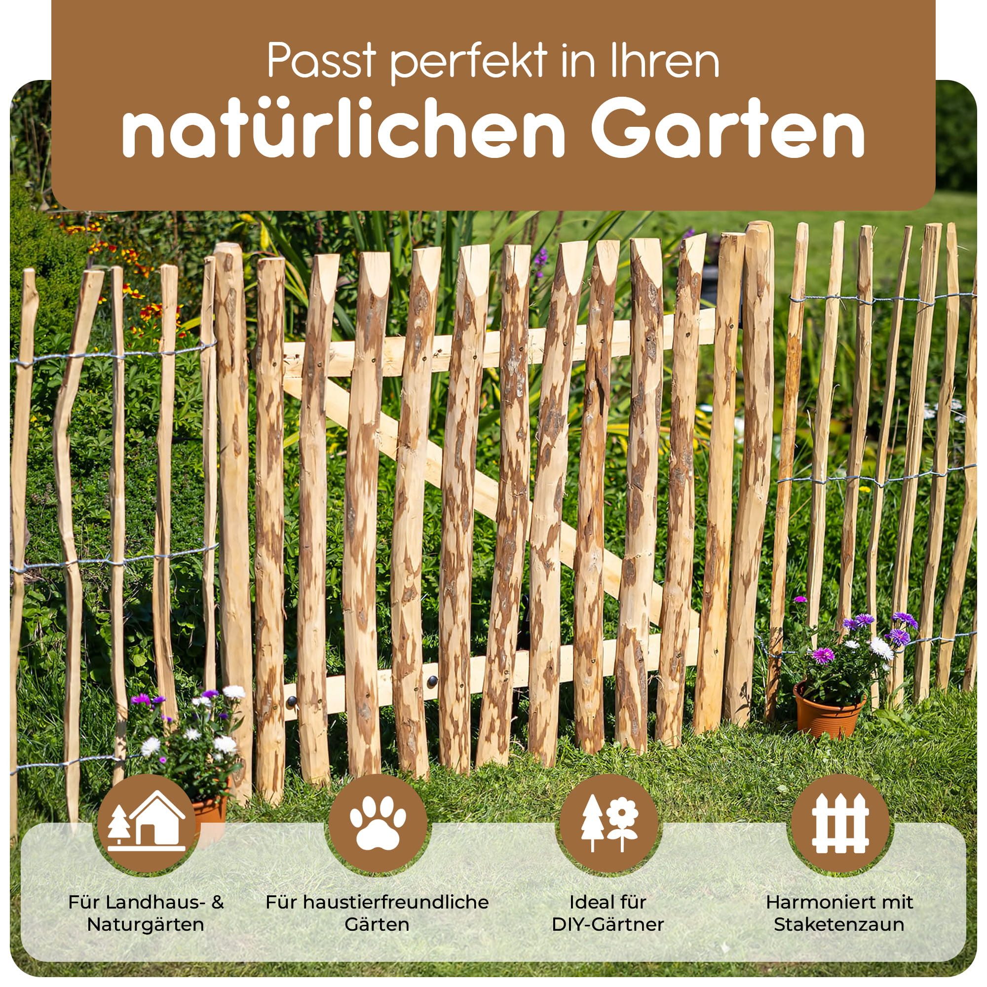 BooGardi Gartentor Holztor für Staketenzaun 100cm breit imprägniert, (50 cm hoch x 100 cm breit · 7-9 cm Lattenabstand in 14 Größen), Gartentür für Holzzaun · Bauerntor · Garten · Zaun · Haselnuss · Holz