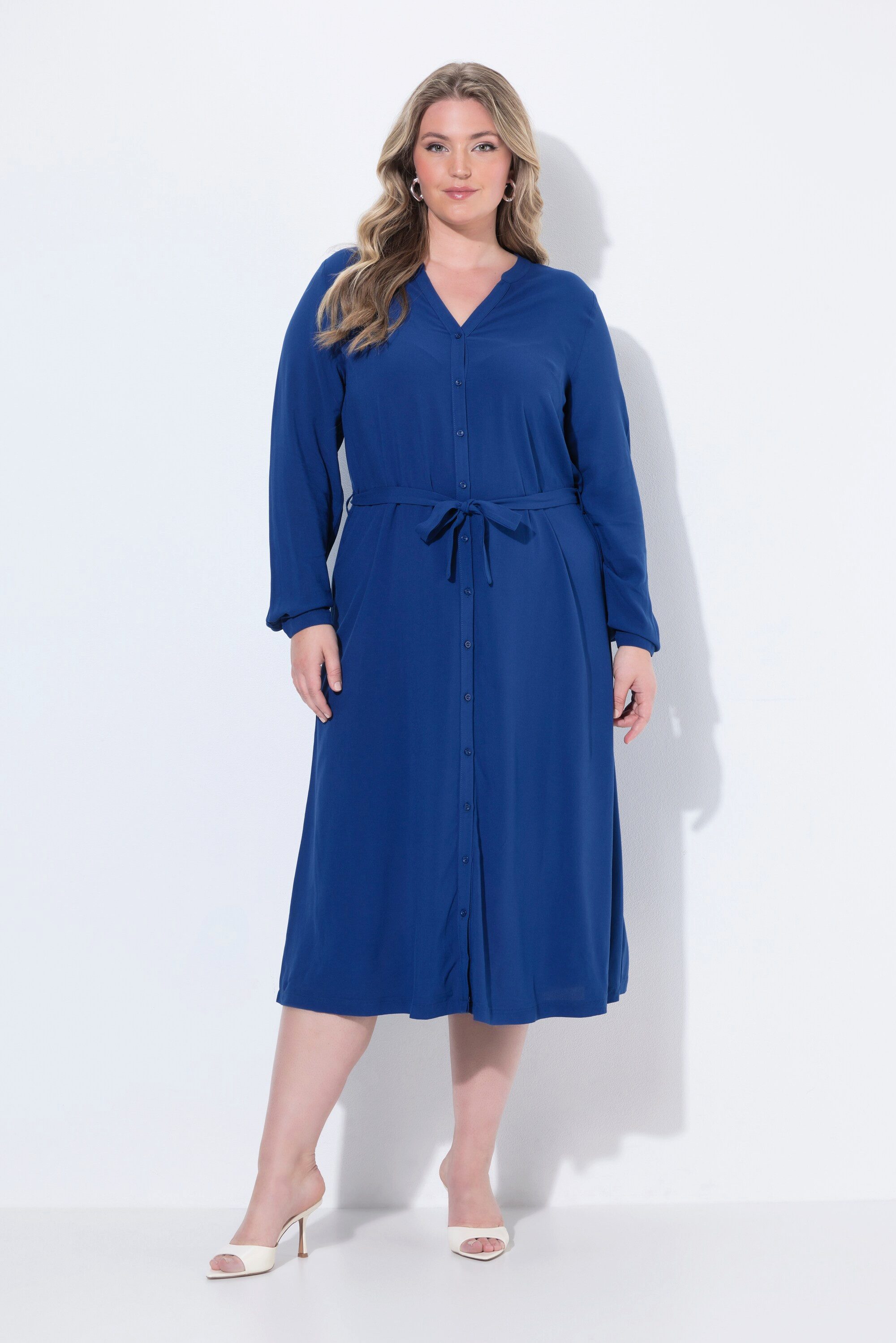 MIAMODA Jerseykleid Midikleid A-Linie Bindegürtel Knopfleiste Langarm