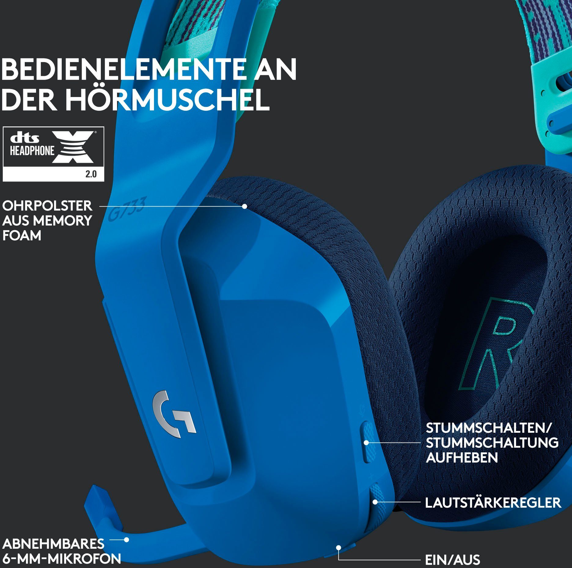 Logitech G G733 LIGHTSPEED (Mikrofon (WiFi) abnehmbar, RGB Wireless Gaming-Headset WLAN blau