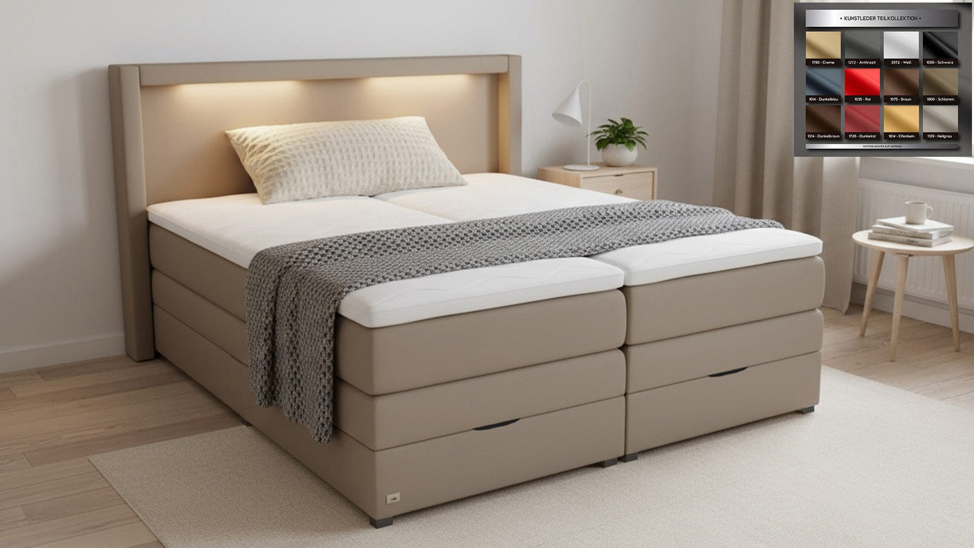 PAARA Boxspringbett Barcelona Bettkasten Kopfteil verstellbar LED Licht, inkl. Matratzen und Topper, mit einzigartigem Belüftungssystem