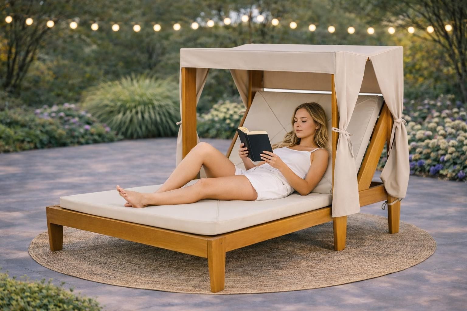 Xlmoebel Gartenliege Moderne Gartenliege aus Holz für entspannte Stunden in Weiß, 2 St., mit Kissen und Sonnendach, Made in Europa