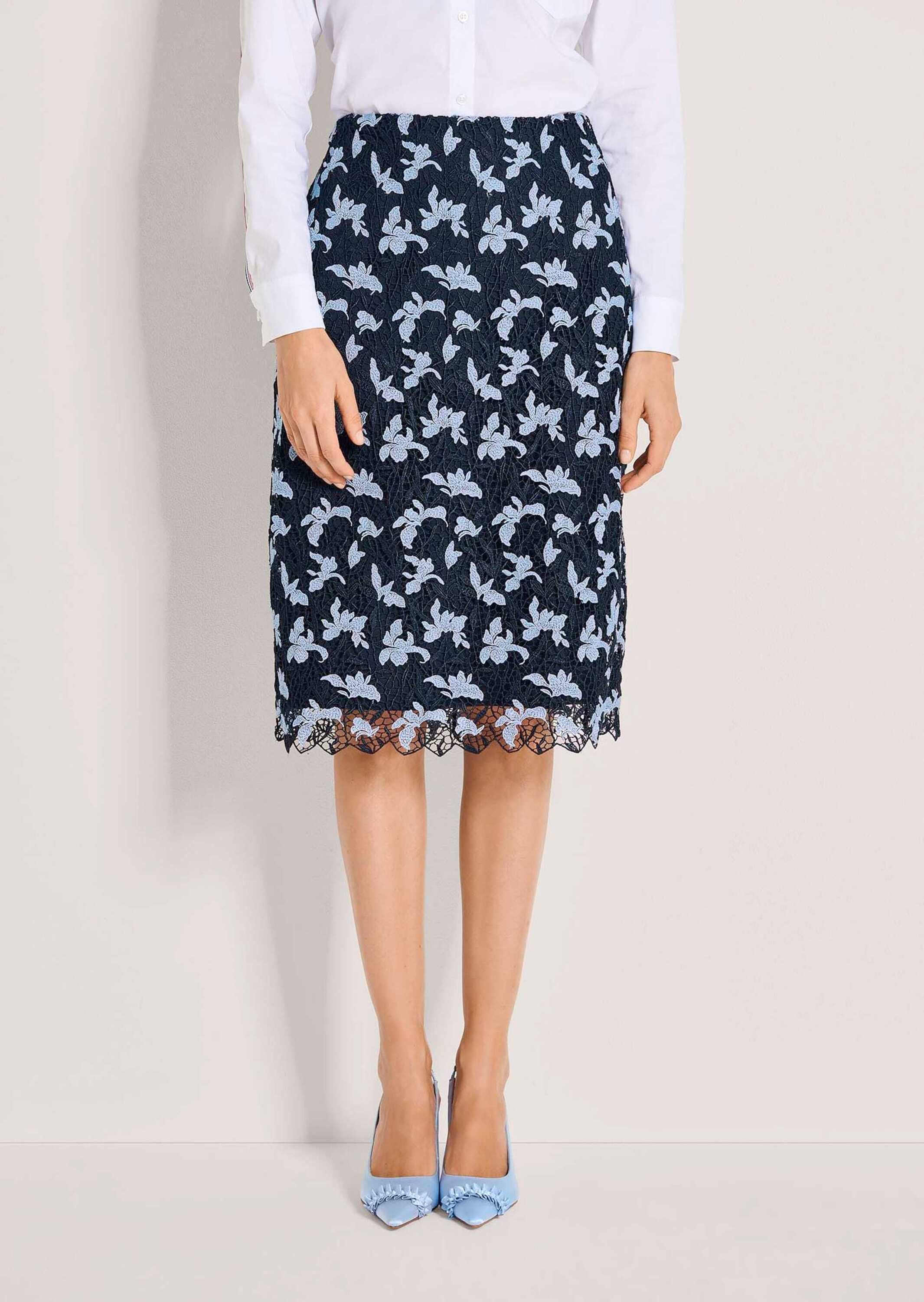 MADELEINE Bleistiftrock Midirock mit floralen Akzenten Bundloser Bleistiftrock mit Reißverschluss, Gehschlitz und Knielänge