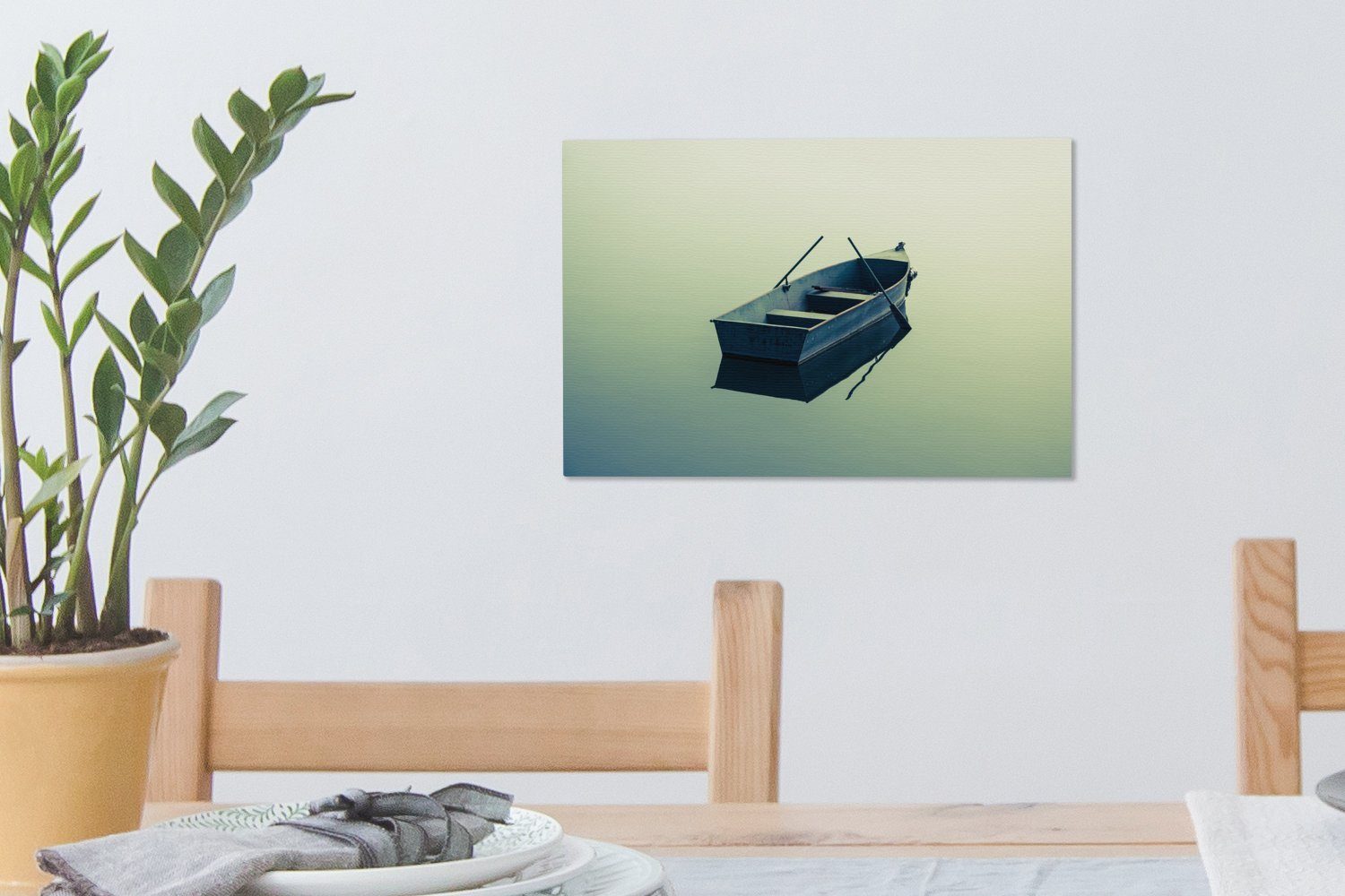 Wandbild OneMillionCanvasses® (1 auf Wasser, St), dem cm Leinwandbilder, blauen Wanddeko, Leinwandbild einsames 30x20 Ein Boot Aufhängefertig,