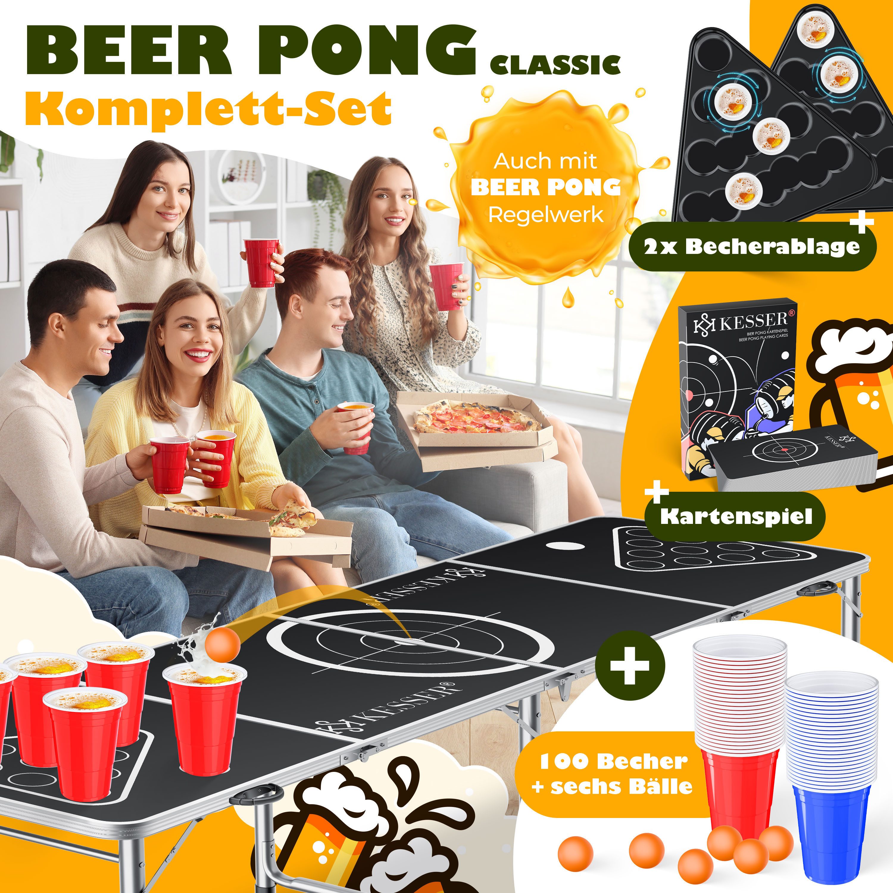 KESSER Spieltisch Bier Pong Tisch, Spiel-Set mit Kartenspiel, 100 Becher & 6 Bälle, Beer Pong Trinkspiel, höhenverstellbar & klappbar, In & Outdoor-fähig