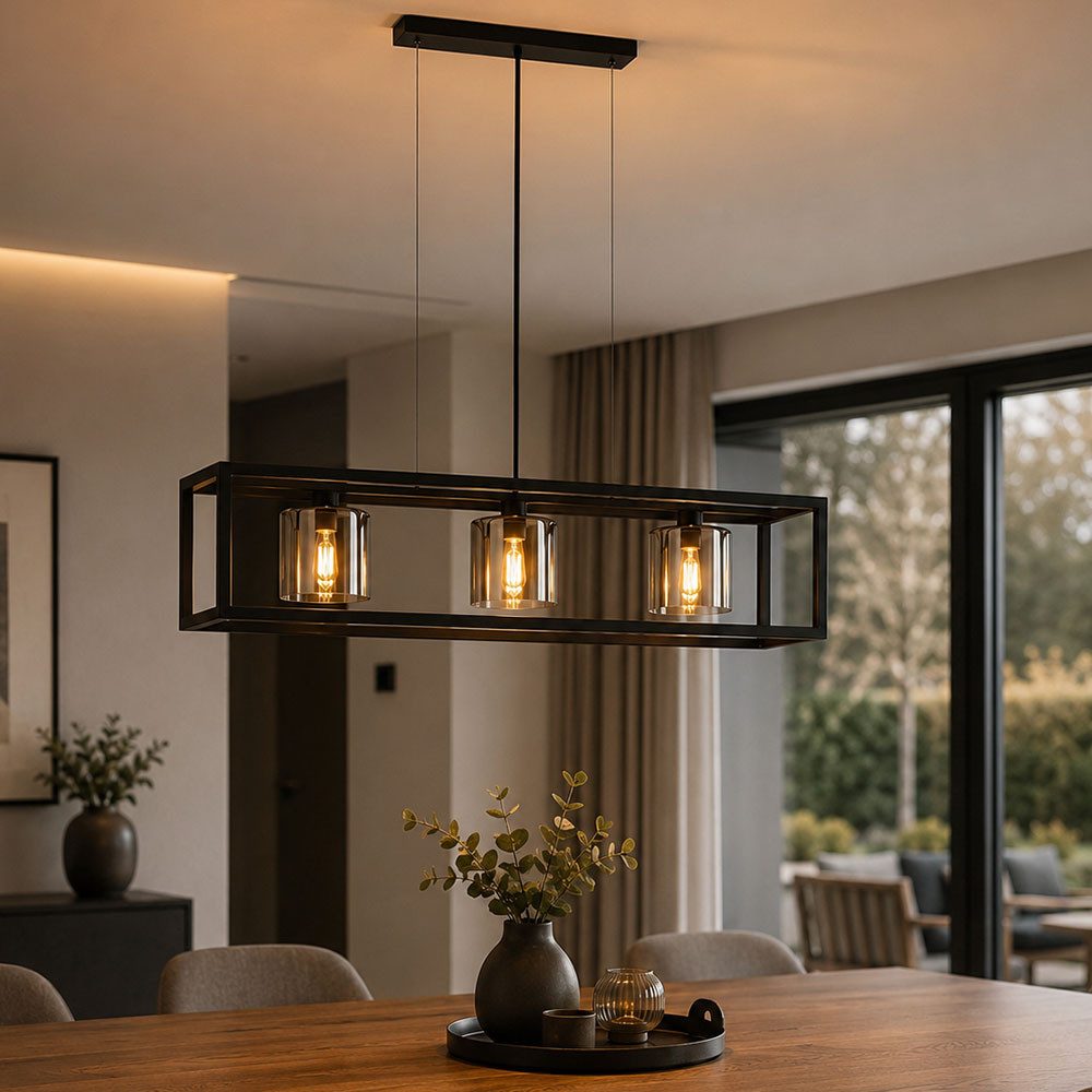 EGLO Pendelleuchte, Leuchtmittel nicht inklusive, Pendelleuchte Hängelampe Esszimmerlampe Rauchoptik Schwarz Glas L110cm