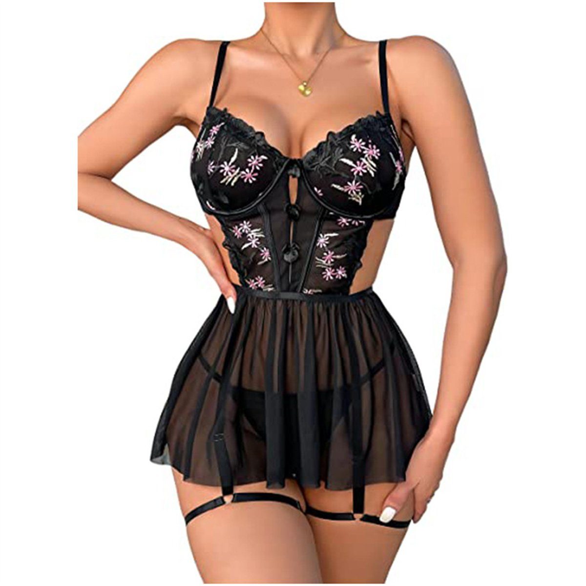 VOCTVTB Negligé Damen Sexy Mesh Blumenstickerei Hohl Sexy Dessous Nachthemd Schwarz