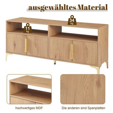 WISHDOR TV-Schrank Holz-TV-Ständer, 4-türiger TV-Schrank mit 2 offenen Fächern (für Wohnzimmer, für Fernseher bis zu 65 Zoll, 147 x 40 x 64 cm (L/B/H)