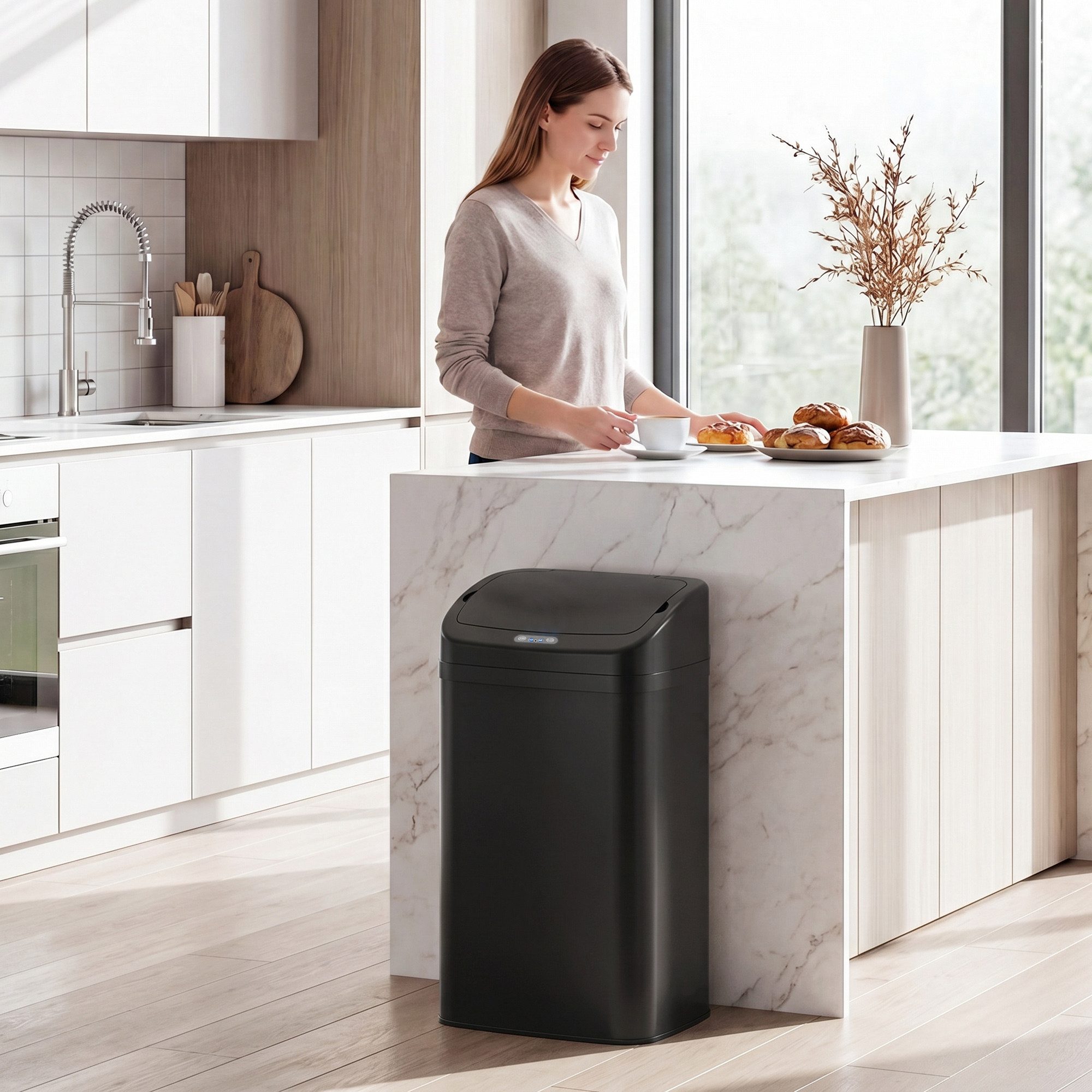HOMCOM Mülleimer Sensor Edelstahl Fingerabdruckresistente für Büro, Automatische Schließ-Funktion, Schwarz