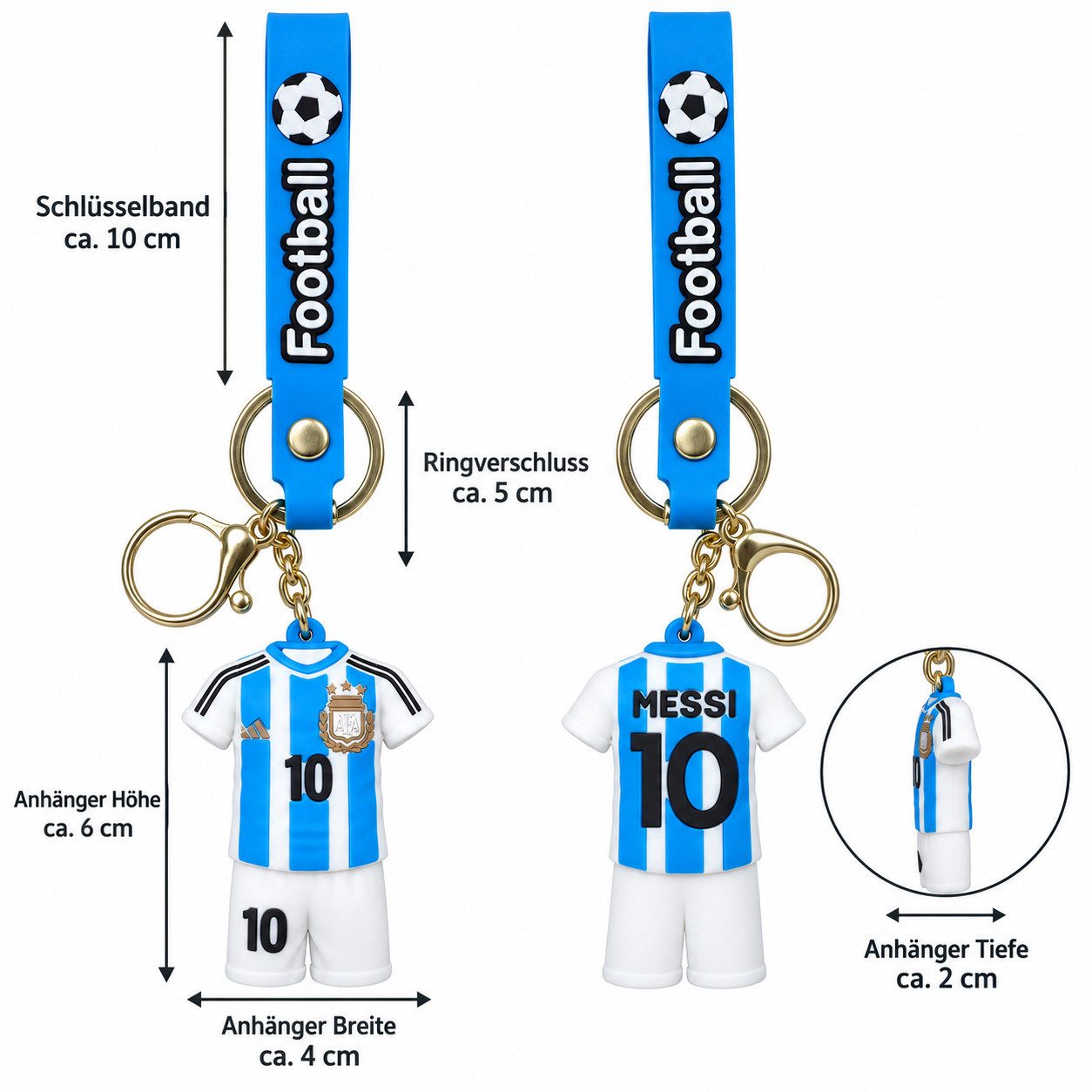 GOLDIA GMBH Schlüsselanhänger Messi Trikot Schlüsselanhänger Nr.10 Fußball Anhänger Schlüsselband (Set, 1-tlg., Geschenk-Set), 3D Fußballfigur Nr. 10 mit Schlüs – Bild 2 von 4