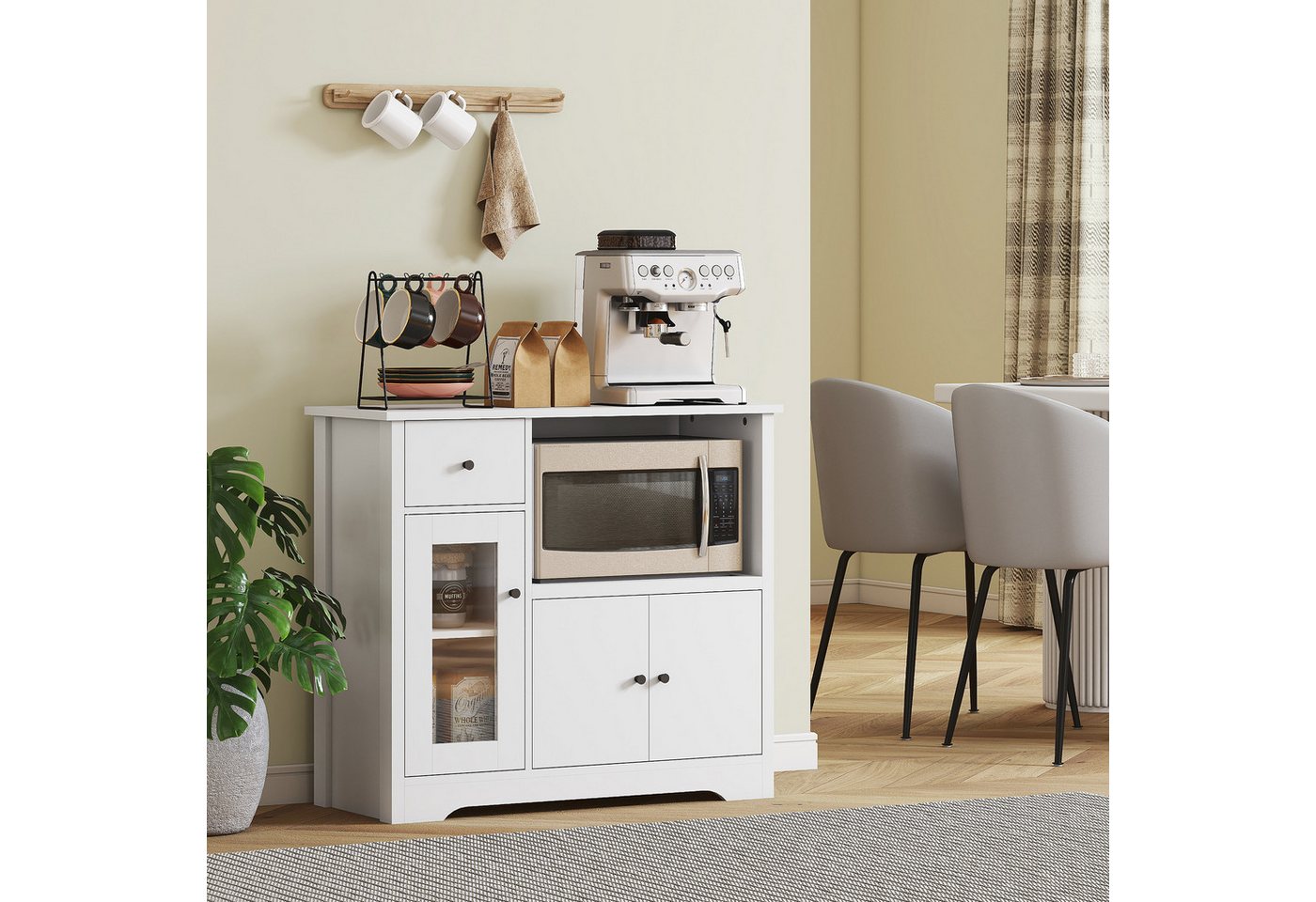 HOMCOM Küchenbuffet Sideboard mit Arbeitsplatte, Aufbewahrungsschrank für Küche (Küchenschrank mit Mikrowellenreagl, 1-St., Sideboard mit Schubladen, 3 Türen und verstellbarem Regal) 80 x 35 x 72,2 cm, Weiß