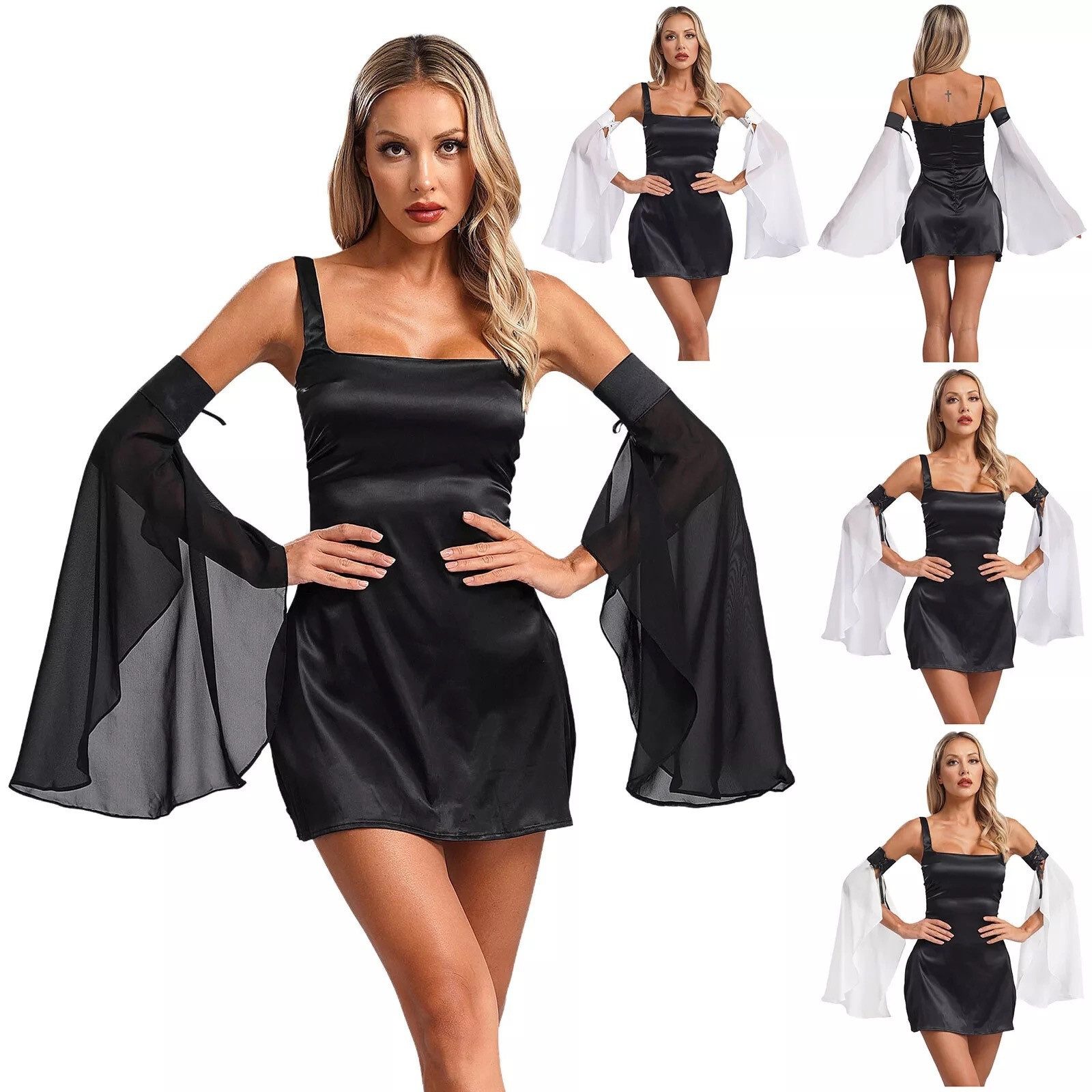 nsihing Kostüm Damen Halloween Tüllhandschuhe, Lange schwarze Chiffon Ärmel, Gothic Vampir Hexen Accessoire für Hochzeitskleid, Halloween