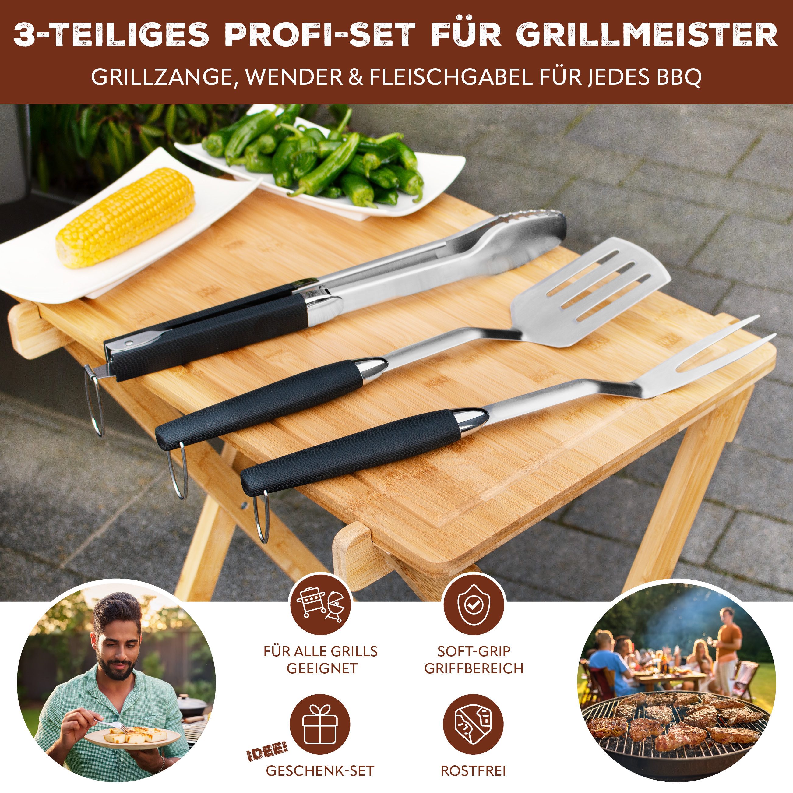 bremermann Grillbesteck-Set Grill-Besteck 3tlg. // Zange, Wender, Fleischgabel, (Set, 3 tlg) – Bild 2 von 5