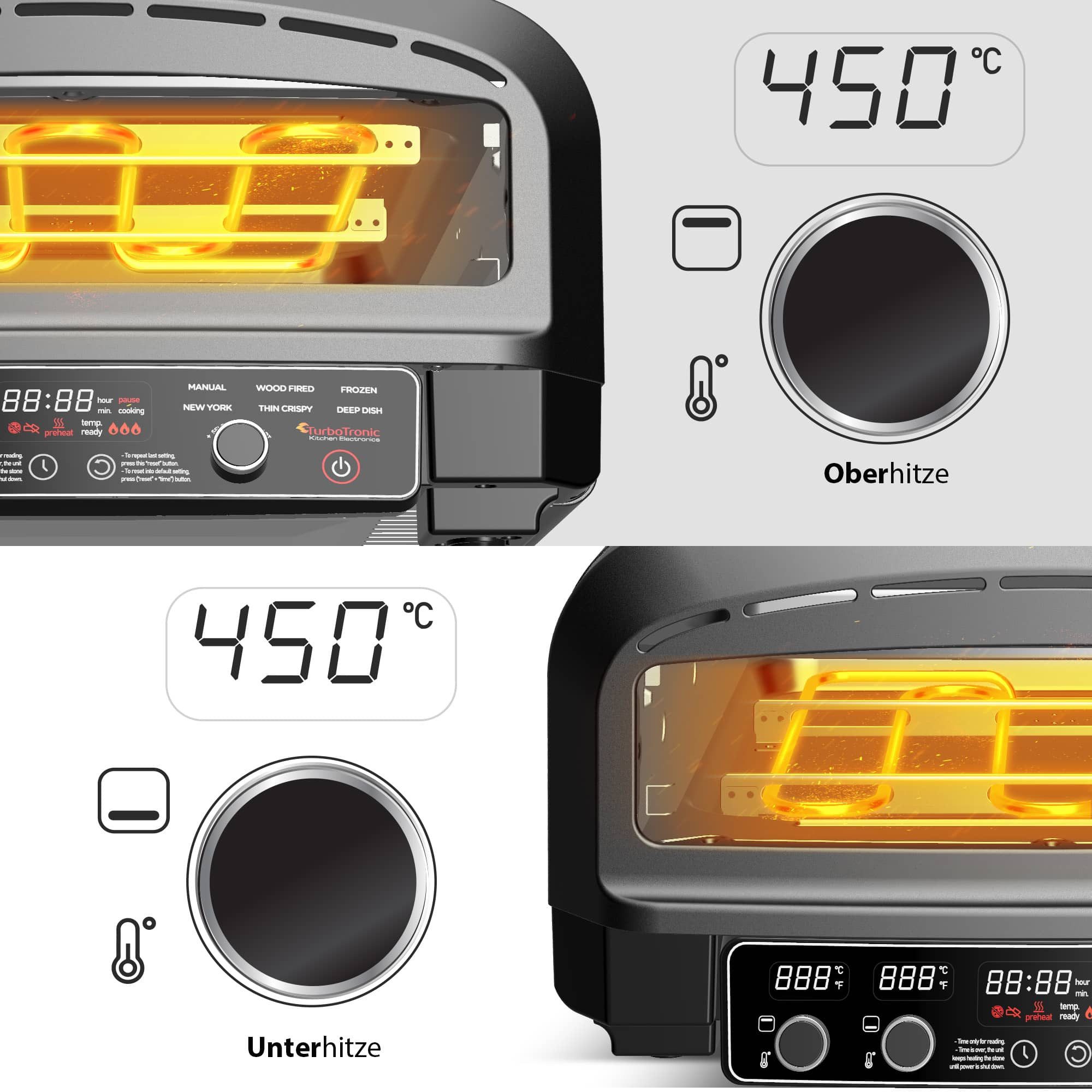 TurboTronic by Z-Line Pizzaofen bis 450°C für 37cm große Pizza New York Pizzastein Flammkuchen 2200W, Elektrisch Indoor Outdoor Mini Backofen mehrere pizzen Grill Lahmacun