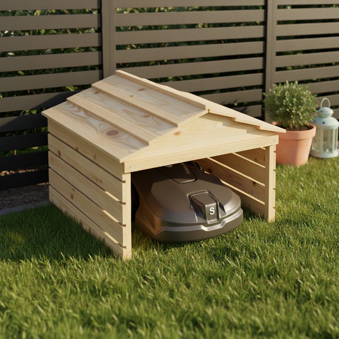 STEELSØN Mähroboter-Garage Nembus aus Kiefernholz, BxTxH: 74.5x78.5x53.5 cm, (natur, mit abnehmbaren Dach), Mähroboterhaus mit Kabeldurchlass, Rasenmäher Unterstand
