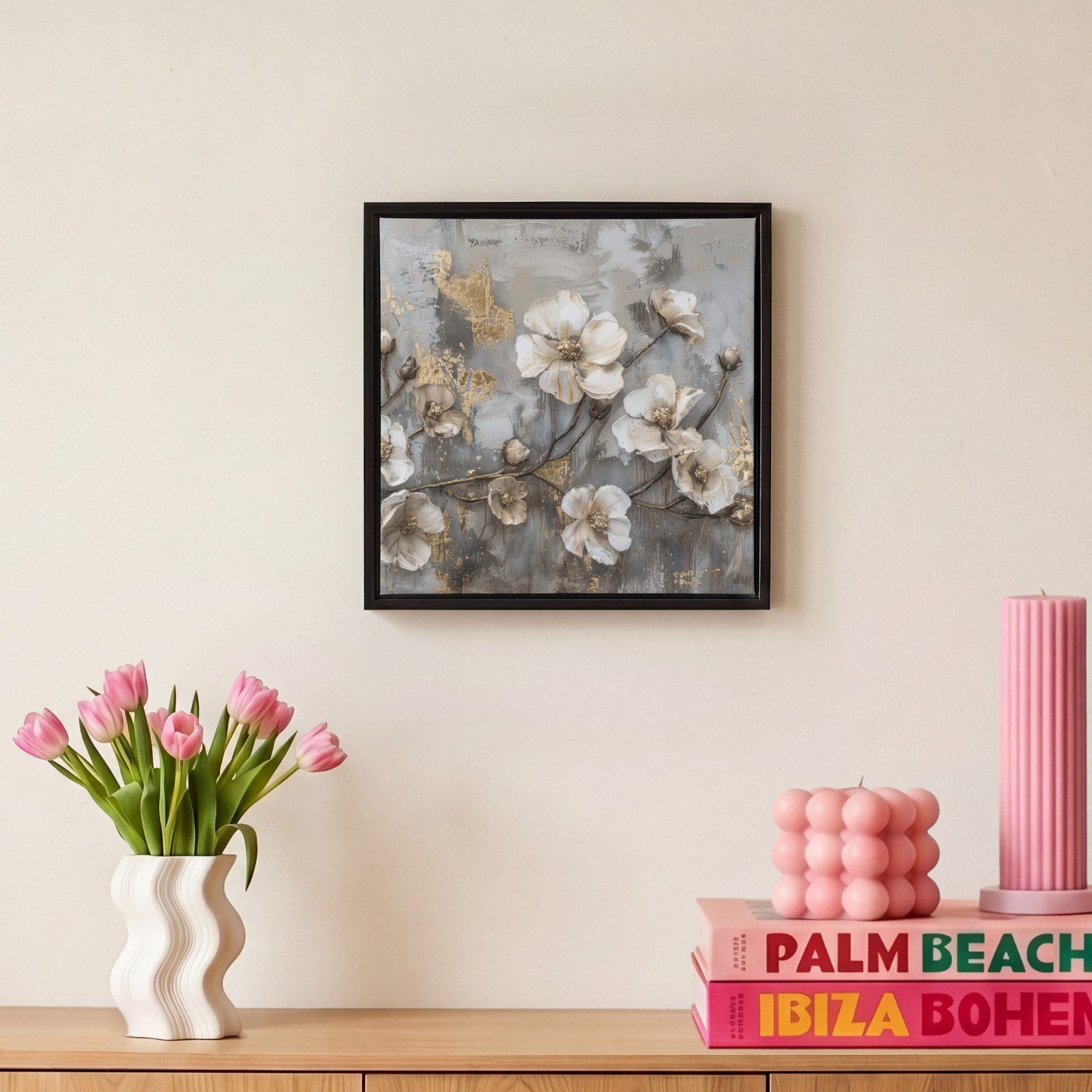 OneMillionCanvasses® Leinwandbild mit Rahmen - Blumen - Weiß - Grau - Gold - Luxus, Fotodruck (1 St), Leinwand Bilder Klein, Wand Dekoration Aesthetic 20x20cm – Bild 4 von 5