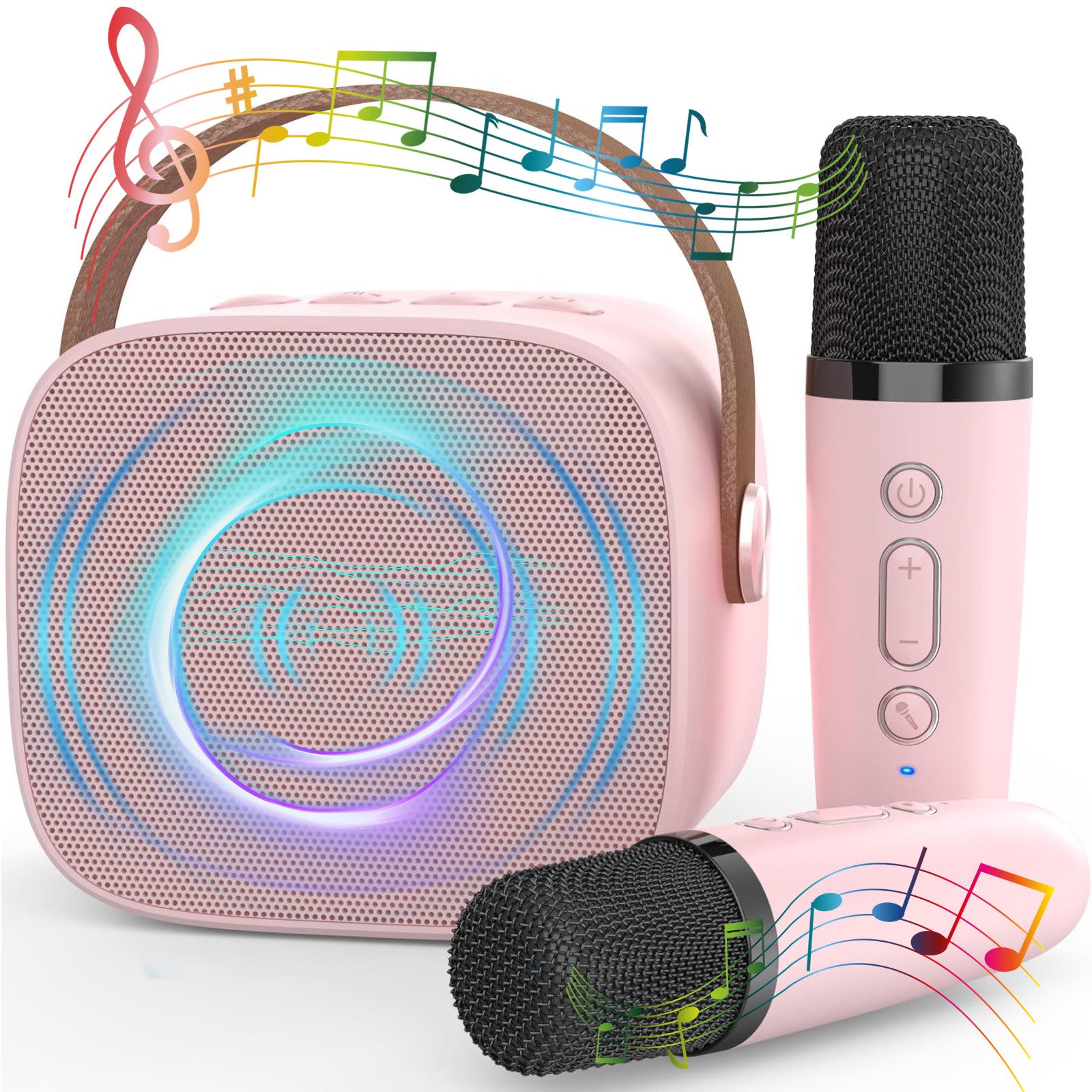 MOPUEA Mini Karaoke Maschine mit 2 Mikrofonen Karaoke-Anlage 5 Stimmenmodi Bluetooth-Lautsprecher (6 W, Mini Kinder-Karaoke-Maschine mit Lautsprecher & 2 Funkmikrofonen)
