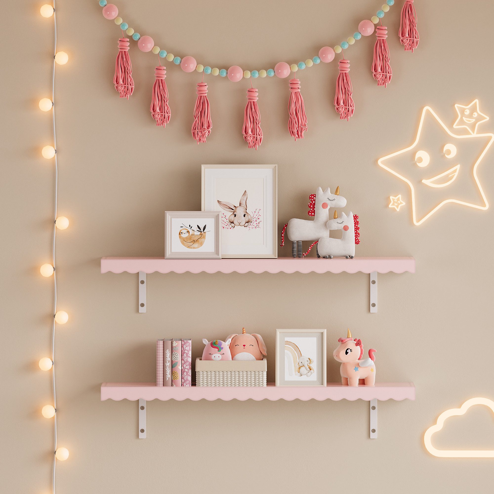 en.casa Kinderregal, Set 2-tlg., »Vestnes« Wellendesign 80 x 17 x 4 cm Cotton Candy