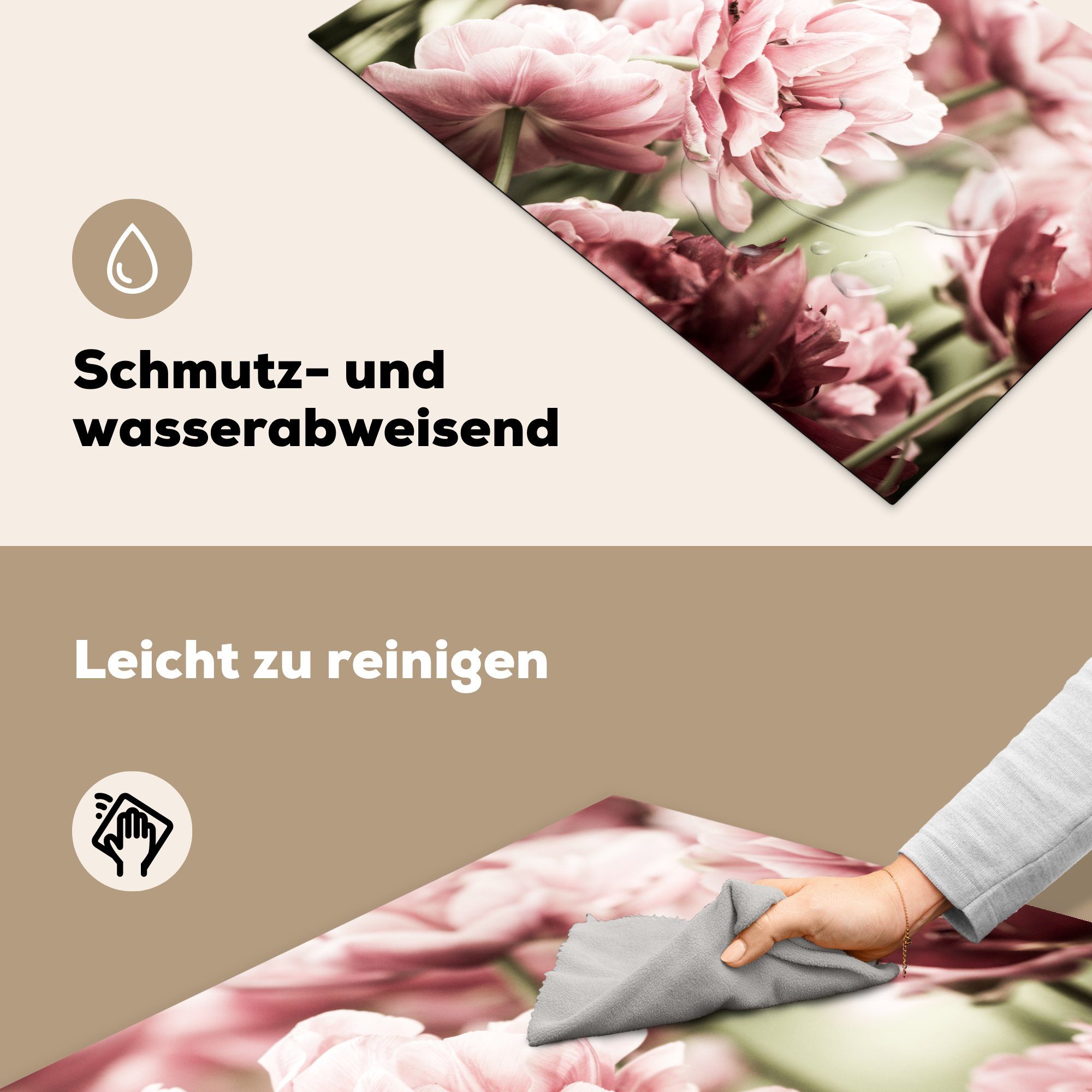 MuchoWow für 81x52 küche, Ceranfeldabdeckung Schutz diese hellrosa auf Vinyl, Die tlg), Sonne scheint cm, Induktionskochfeld (1 Tulpen, Herdblende-/Abdeckplatte die