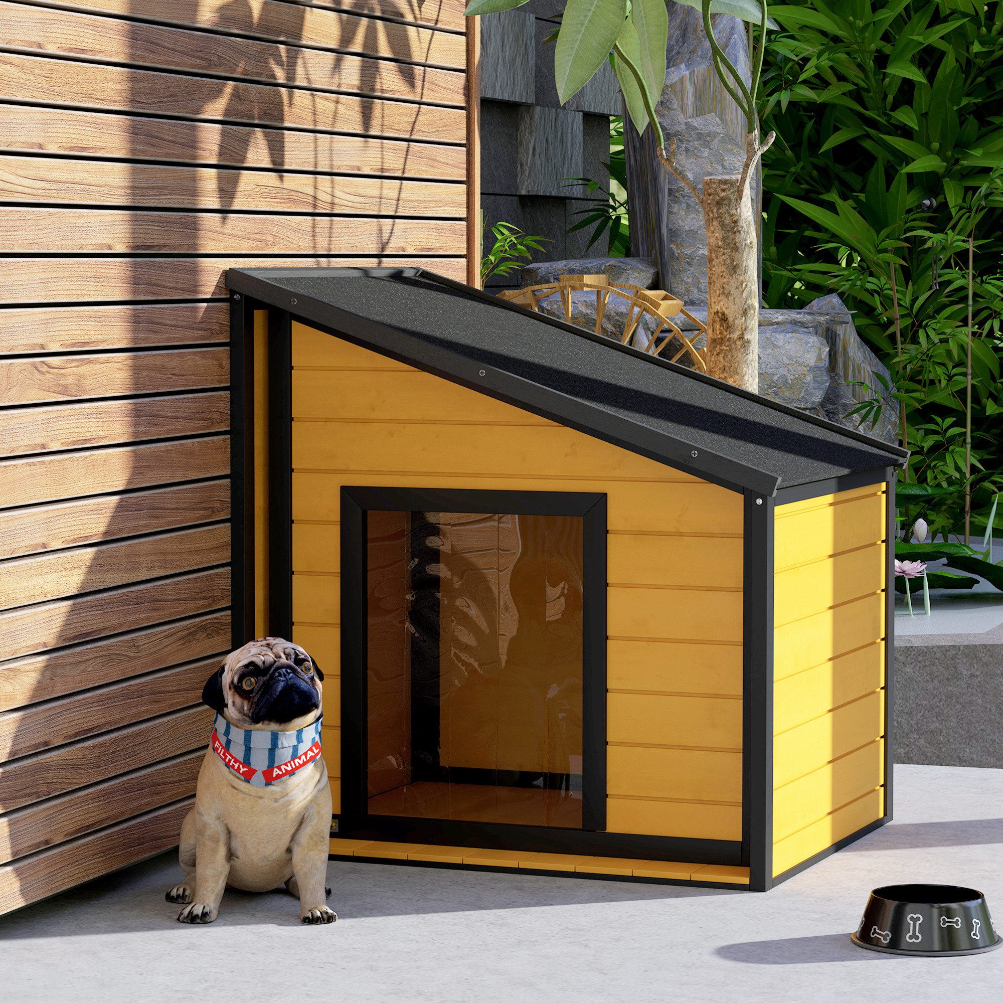 PawHut Hundehütte aus Holz, mit zu öffnendem Asphaltdach und Türvorhang, für kleine Hunde, draußen, Wetterbeständig, Gelb, 71 x 58 x 53,77 cm
