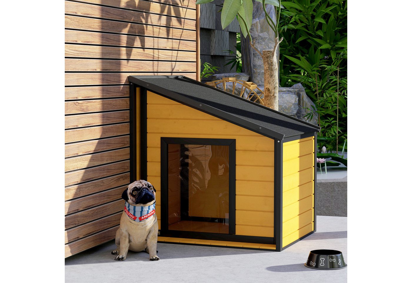 Thumbnail - PawHut Hundehütte aus Holz, mit zu öffnendem Asphaltdach und Türvorhang, für kleine Hunde, draußen, Wetterbeständig, Gel...