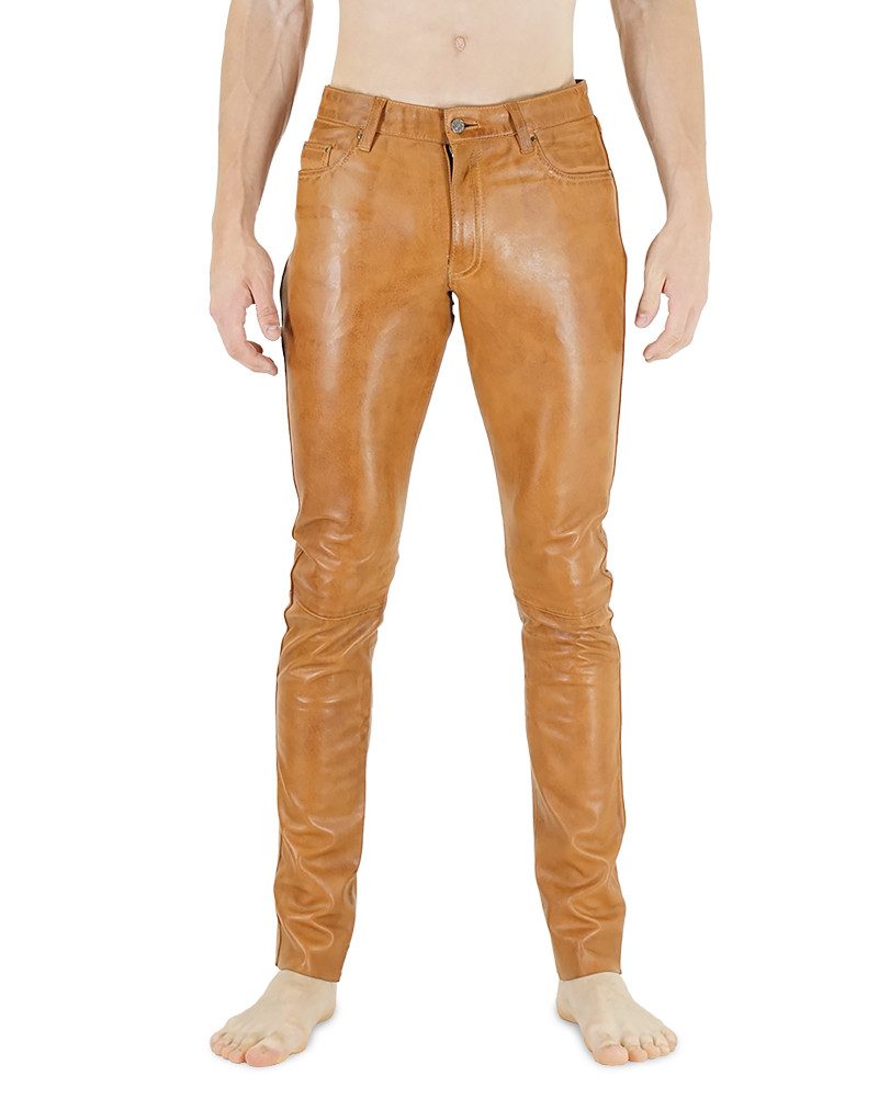BOCKLE Lederhose RICANO Cognac Braun Slim Fit Lamm Herren Lederhose Lederjeans