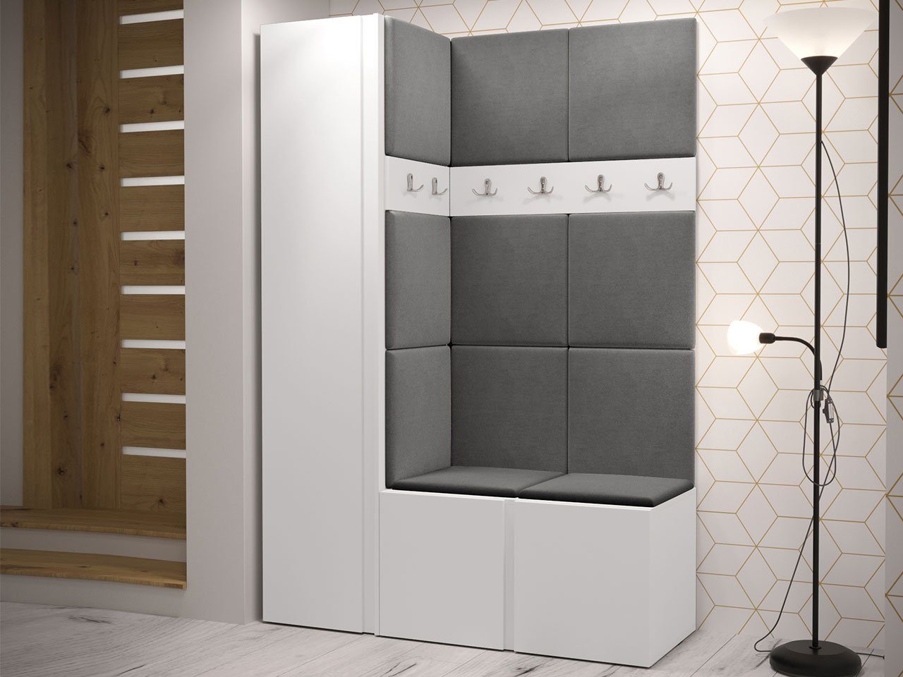 MIRJAN24 Шкафы-Set Orion IX, (Komplett-Set, mit Schuhschrank, Schrank, 2x Kleiderhakenbrett, Paneel 11x 42x42), Auswahl aus Fronten und Polsterplatten