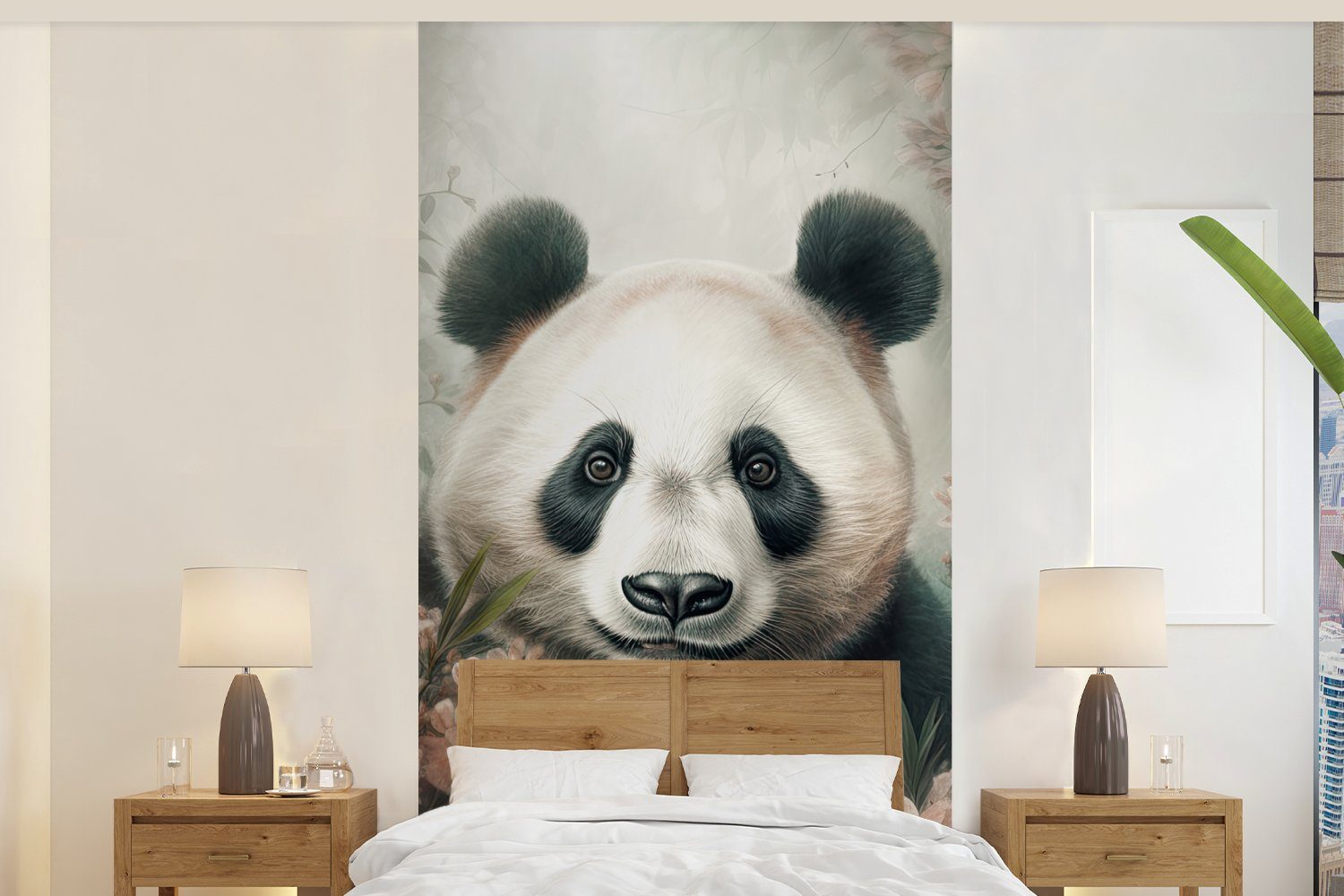 MuchoWow Fototapete Panda - Tiere - Pflanzen, Matt, bedruckt, (2 St), Vliestapete für Wohnzimmer Schlafzimmer Küche, Fototapete