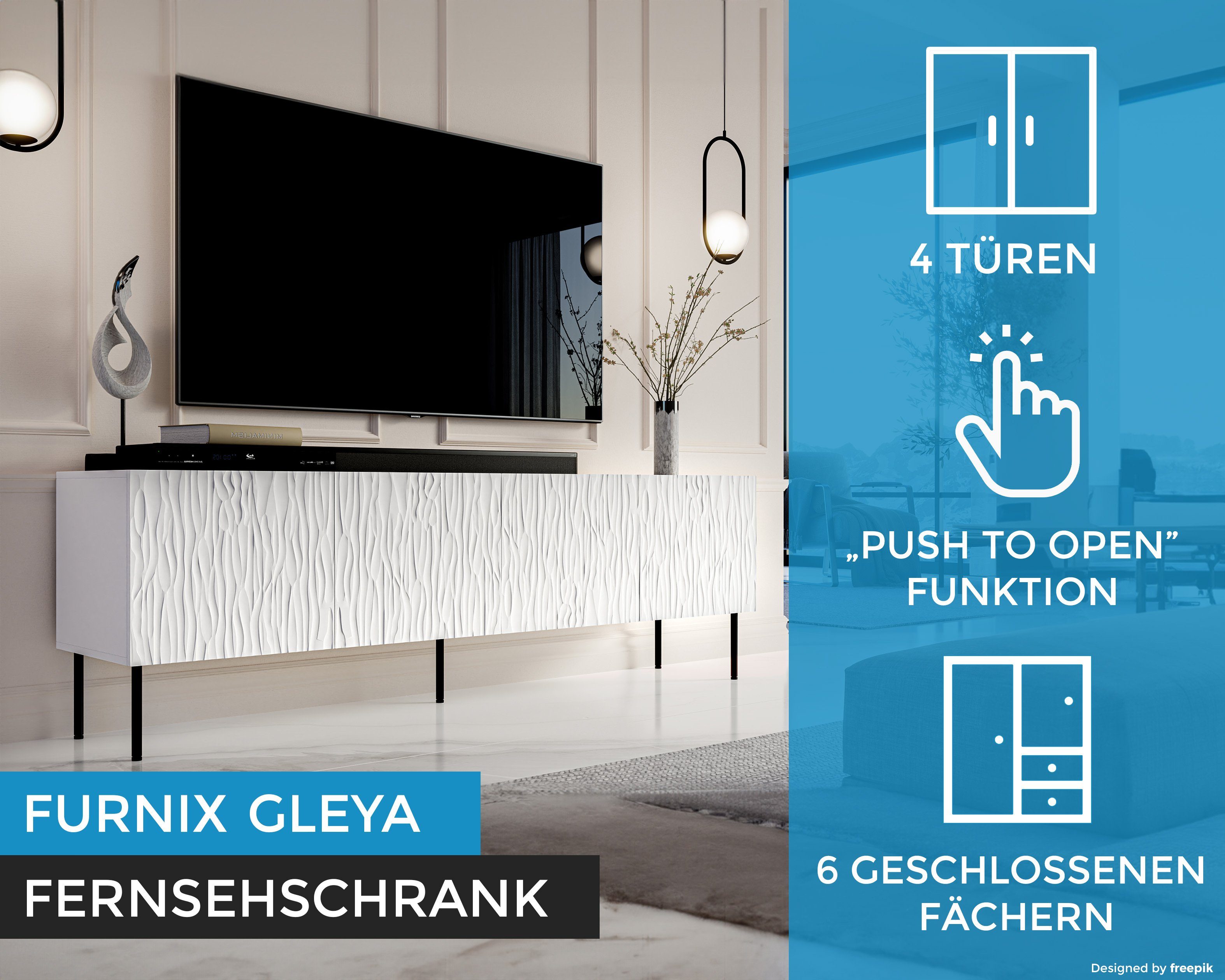 Furnix TV-Schrank GLEYA Fronten 190 gefrästen Weiß mit Fernsehschrank Struktur multifunktionell