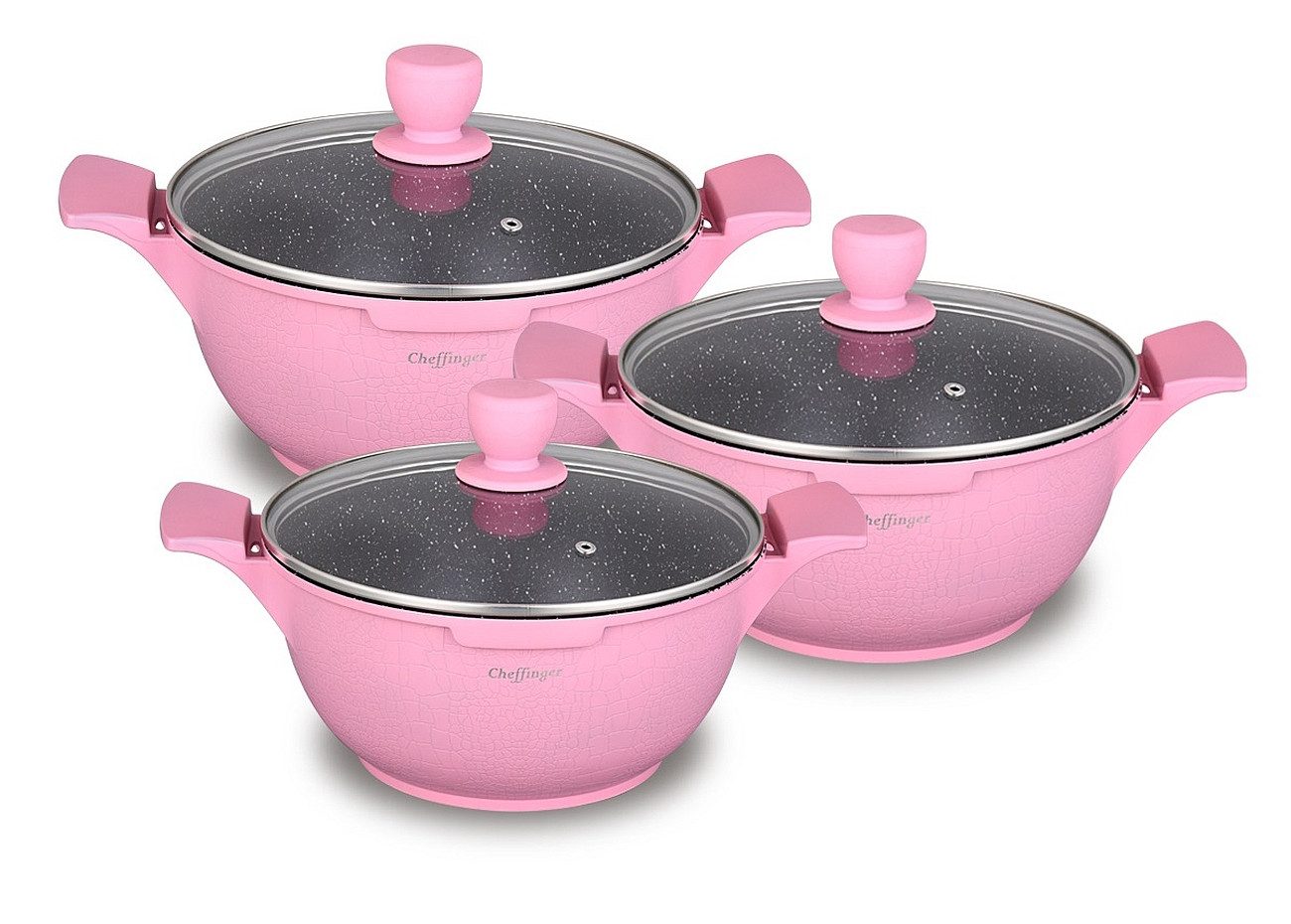 Cheffinger Topf-Set Kochtopf Kasserolle Topf Set 6-tlg mit Glasdeckel Cheffinger pink, Material: Aluminium, Stahl, Glas (Koch-Set bestehend aus 6 Teilen)