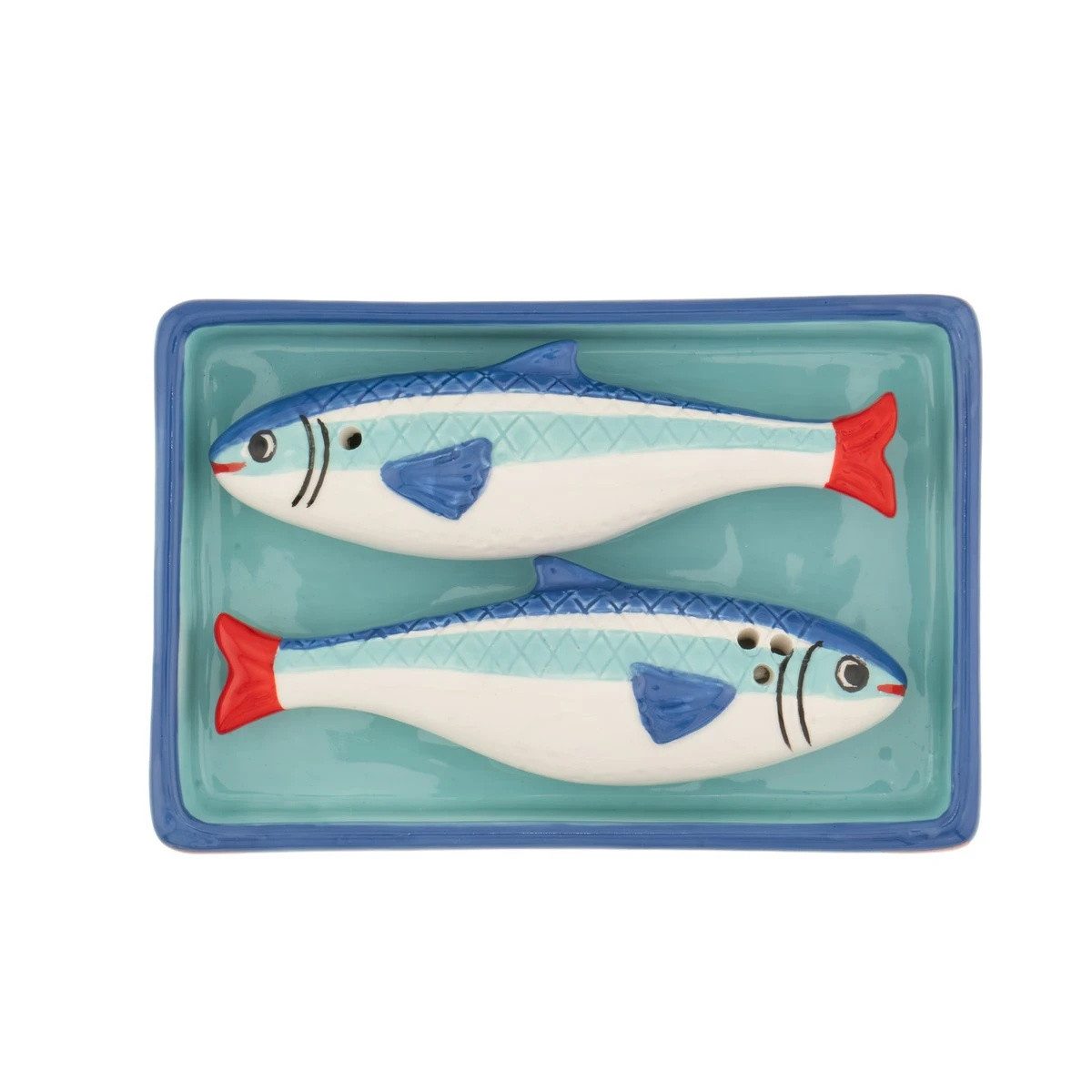 Sass & Belle Salz- / Pfefferstreuer Sardinen mit Ablage, (Set, 3-tlg), Größe ca. 3,5x12x8cm, Streuer ca. 10cm lang