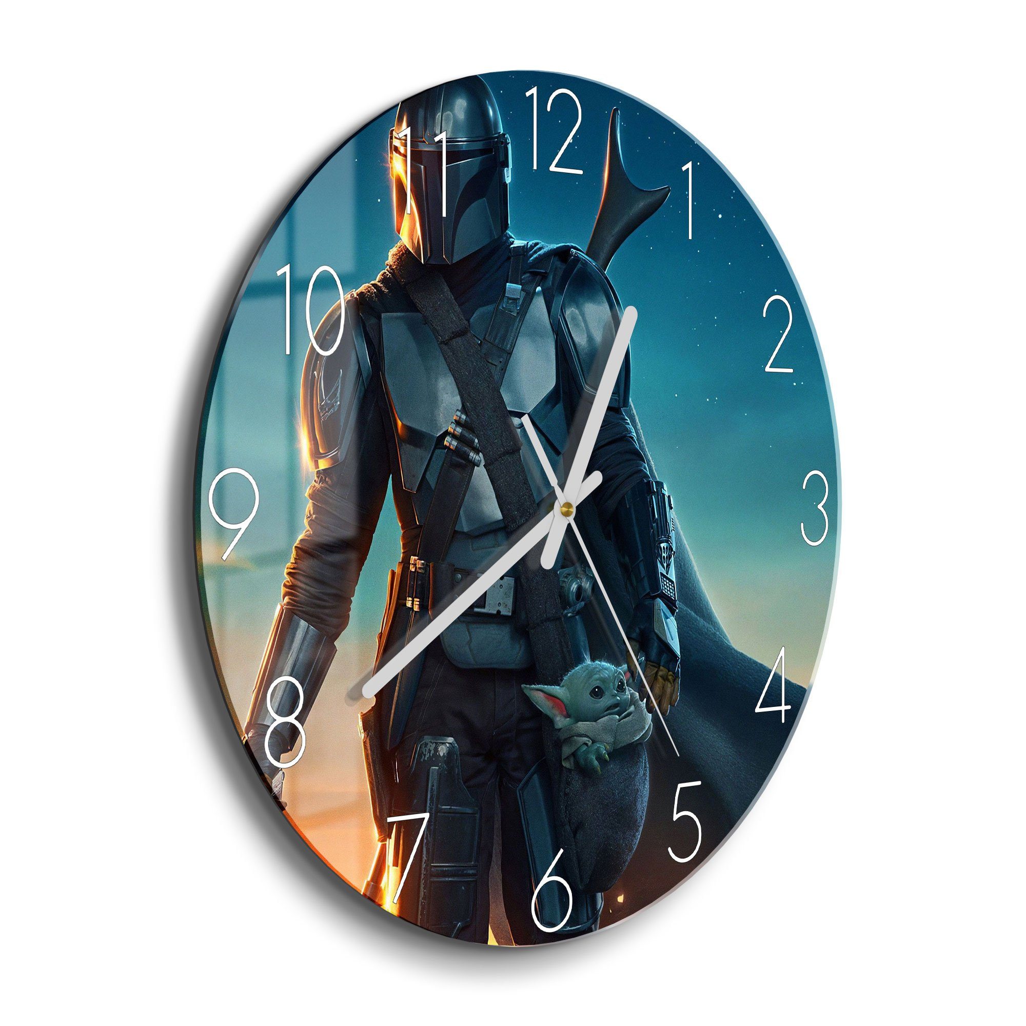 DEQORI Wanduhr 'Mandalorian und Baby Yoda' (Glas Glasuhr modern Wand Uhr Design Küchenuhr)